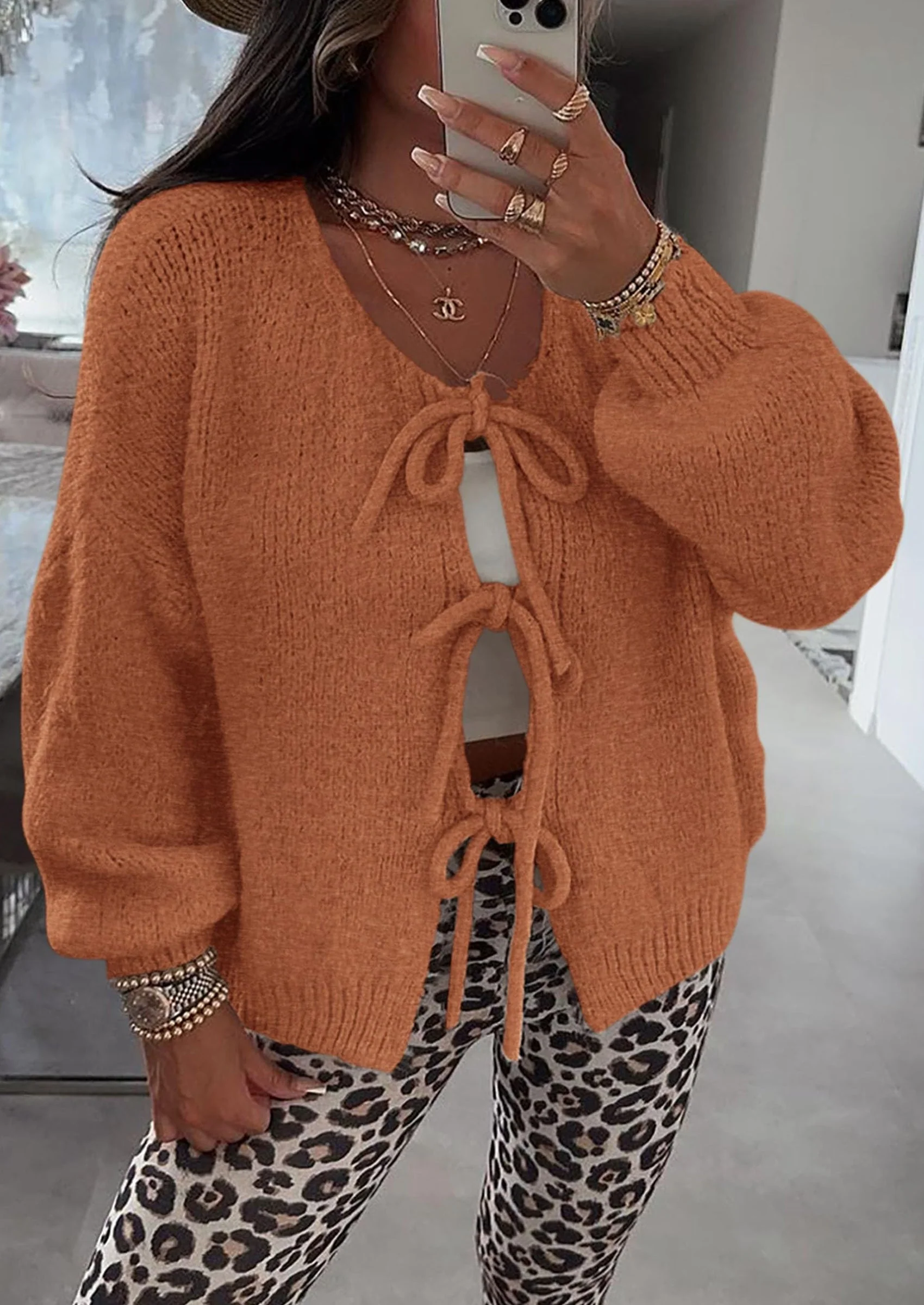 PRETTYGARDEN Women's Tie Front Bow Cardigan Sweaters Chunky Knit Long Puff Sleeve Trendy Fall Winter Jacket Coats - Image 27