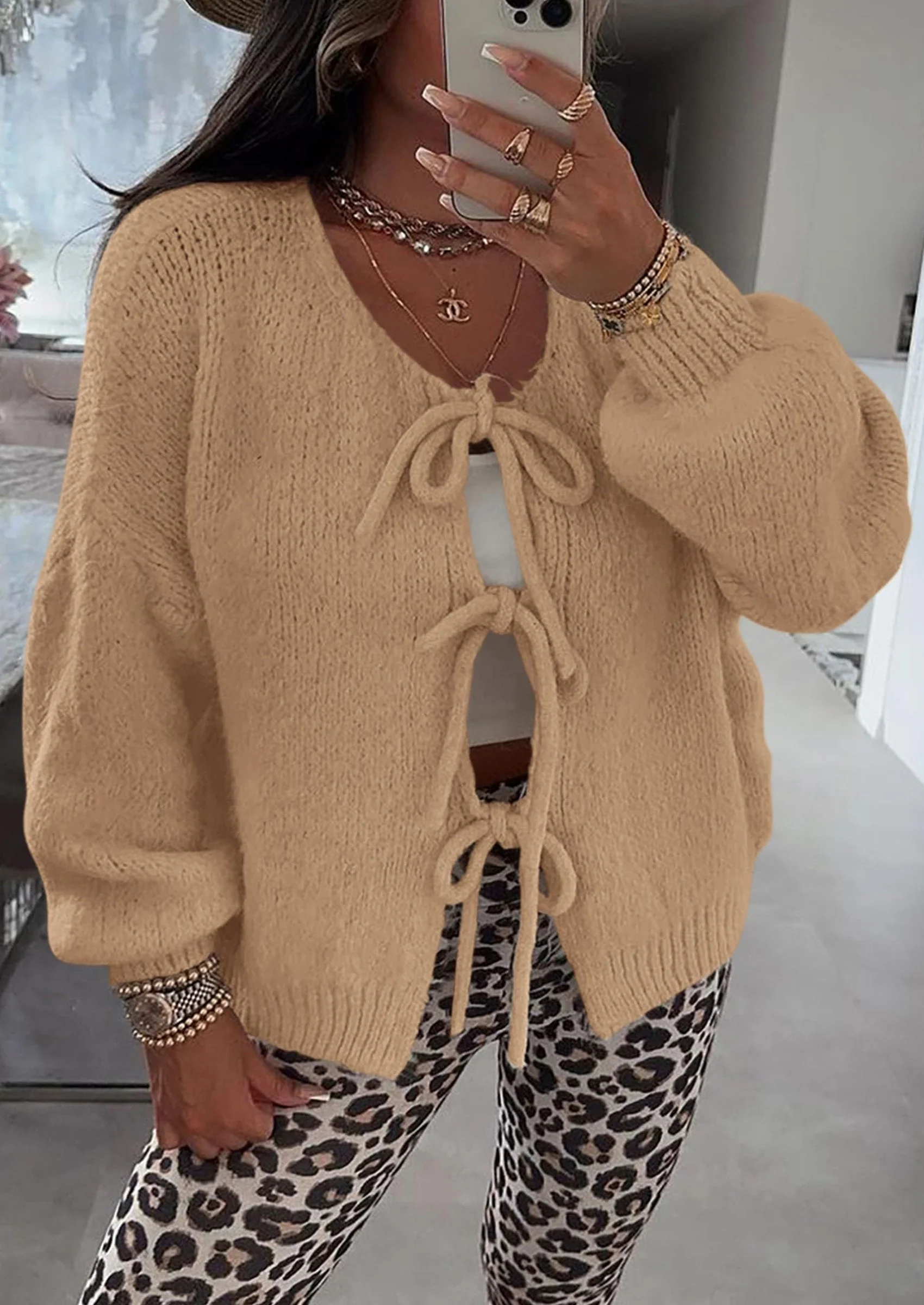 PRETTYGARDEN Women's Tie Front Bow Cardigan Sweaters Chunky Knit Long Puff Sleeve Trendy Fall Winter Jacket Coats - Image 32