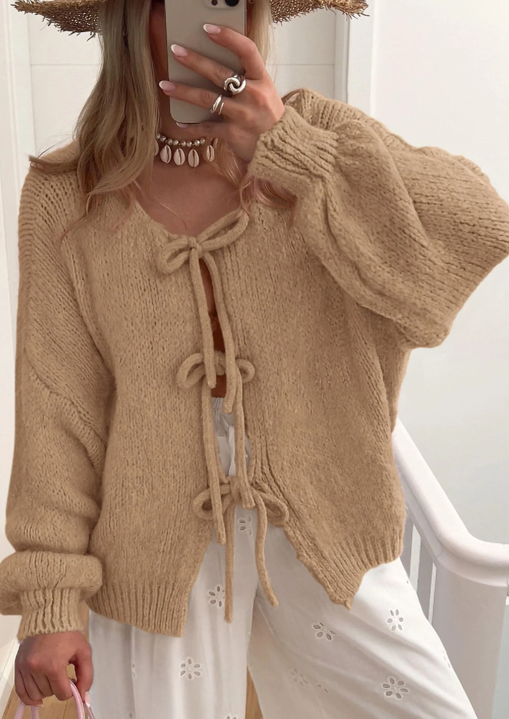 PRETTYGARDEN Women's Tie Front Bow Cardigan Sweaters Chunky Knit Long Puff Sleeve Trendy Fall Winter Jacket Coats - Image 33