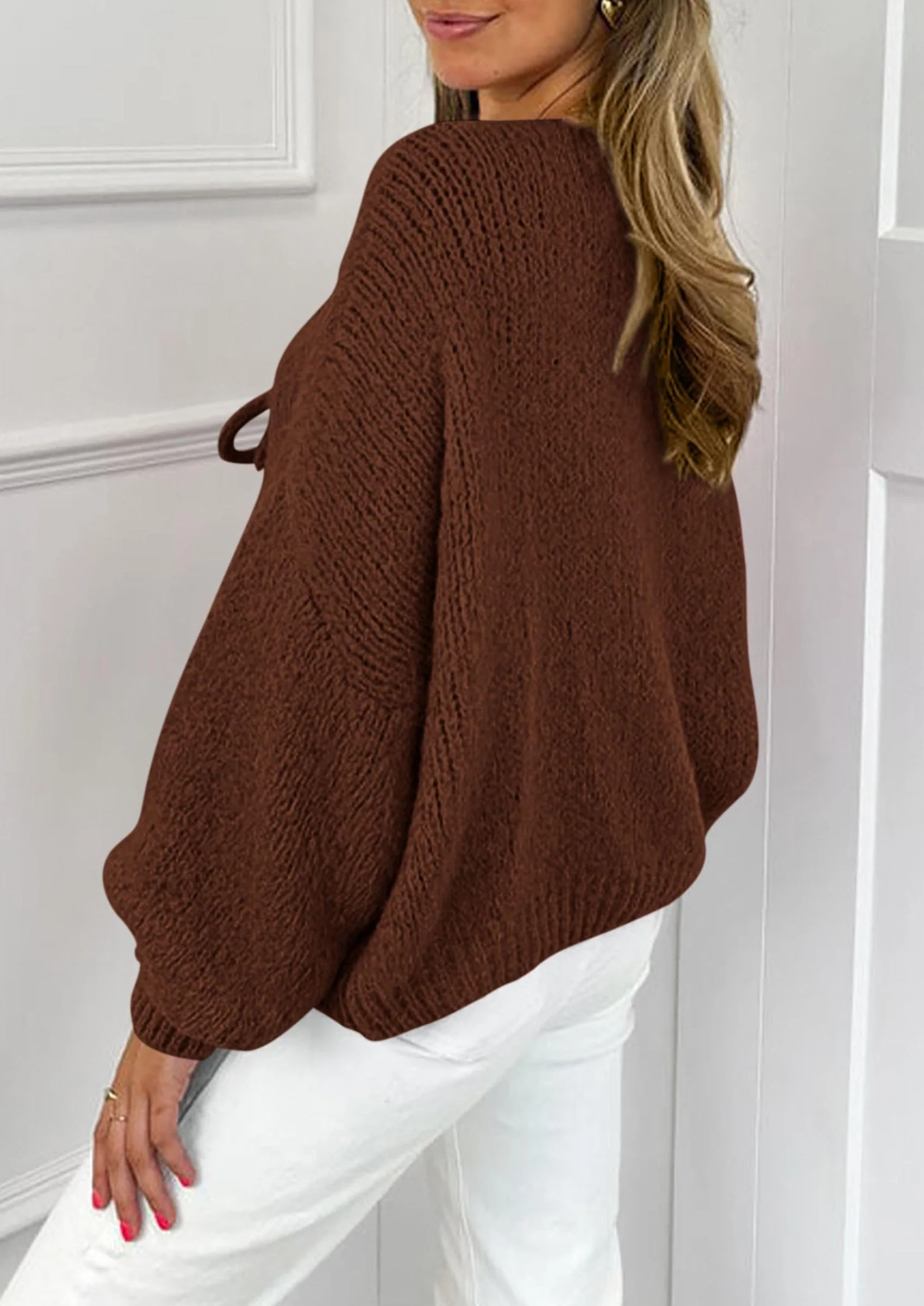 PRETTYGARDEN Women's Tie Front Bow Cardigan Sweaters Chunky Knit Long Puff Sleeve Trendy Fall Winter Jacket Coats - Image 35