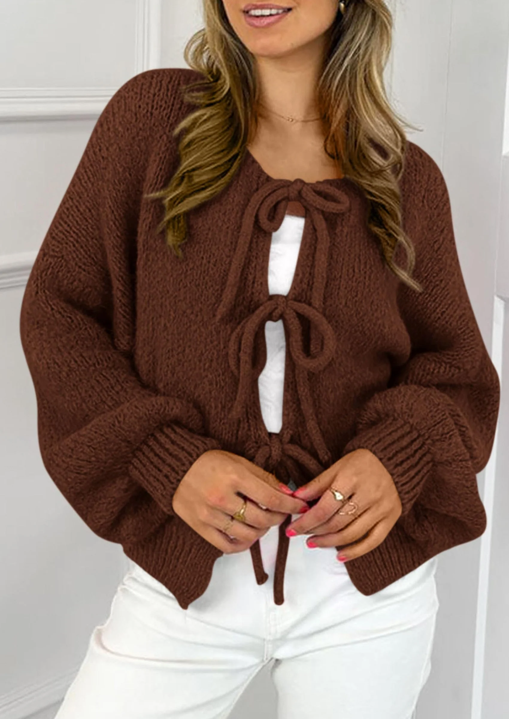 PRETTYGARDEN Women's Tie Front Bow Cardigan Sweaters Chunky Knit Long Puff Sleeve Trendy Fall Winter Jacket Coats - Image 37