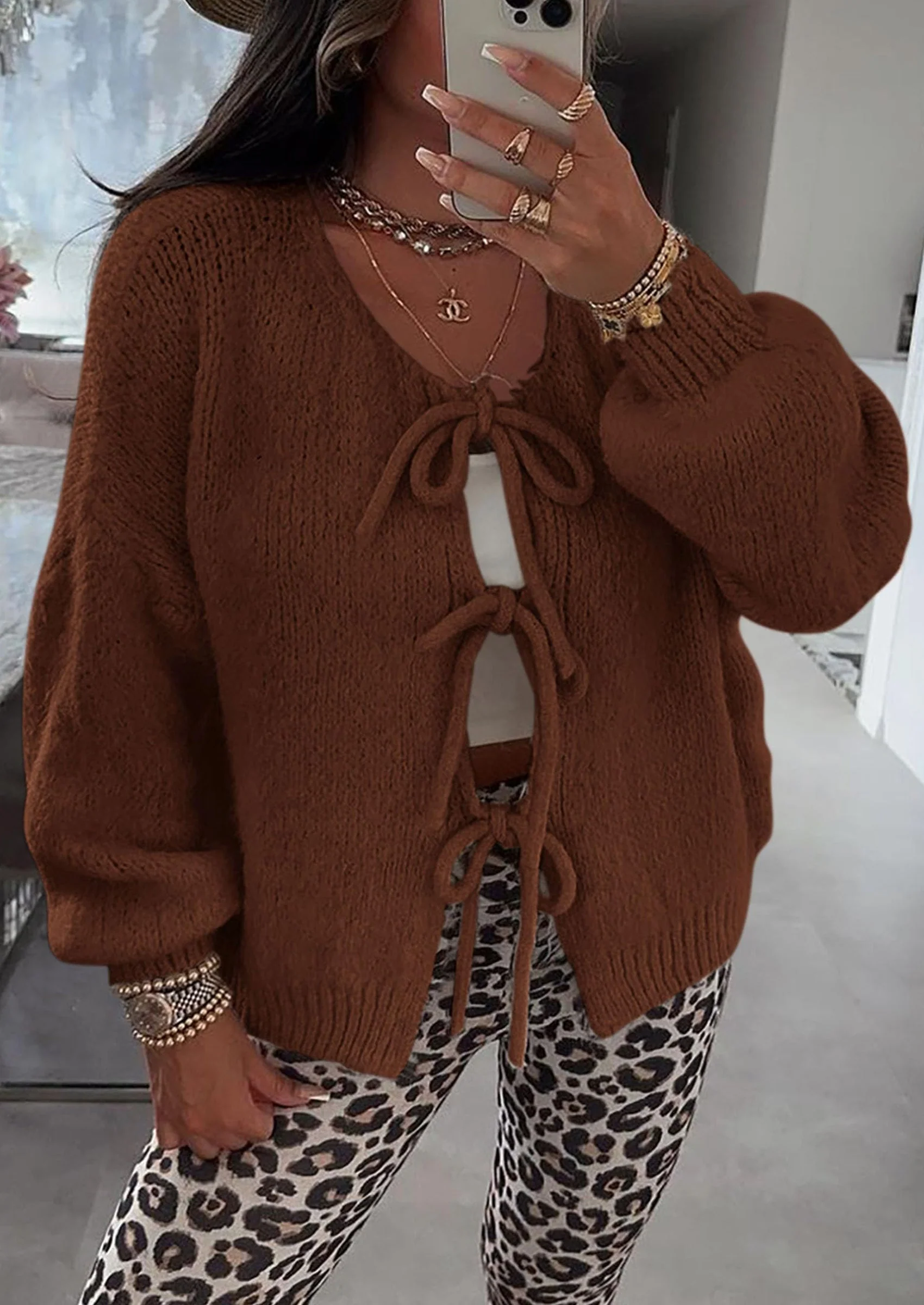 PRETTYGARDEN Women's Tie Front Bow Cardigan Sweaters Chunky Knit Long Puff Sleeve Trendy Fall Winter Jacket Coats - Image 38