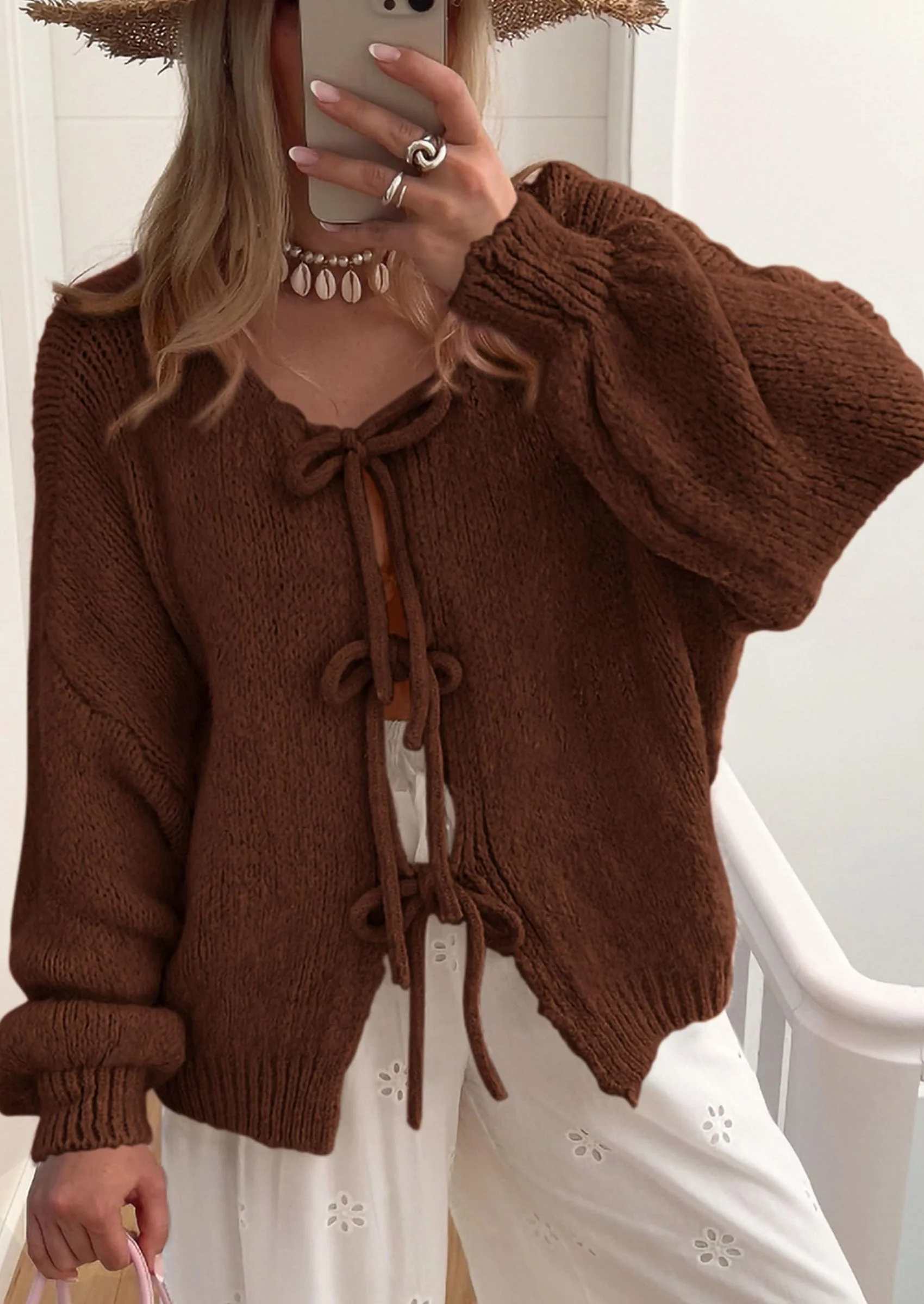 PRETTYGARDEN Women's Tie Front Bow Cardigan Sweaters Chunky Knit Long Puff Sleeve Trendy Fall Winter Jacket Coats - Image 39