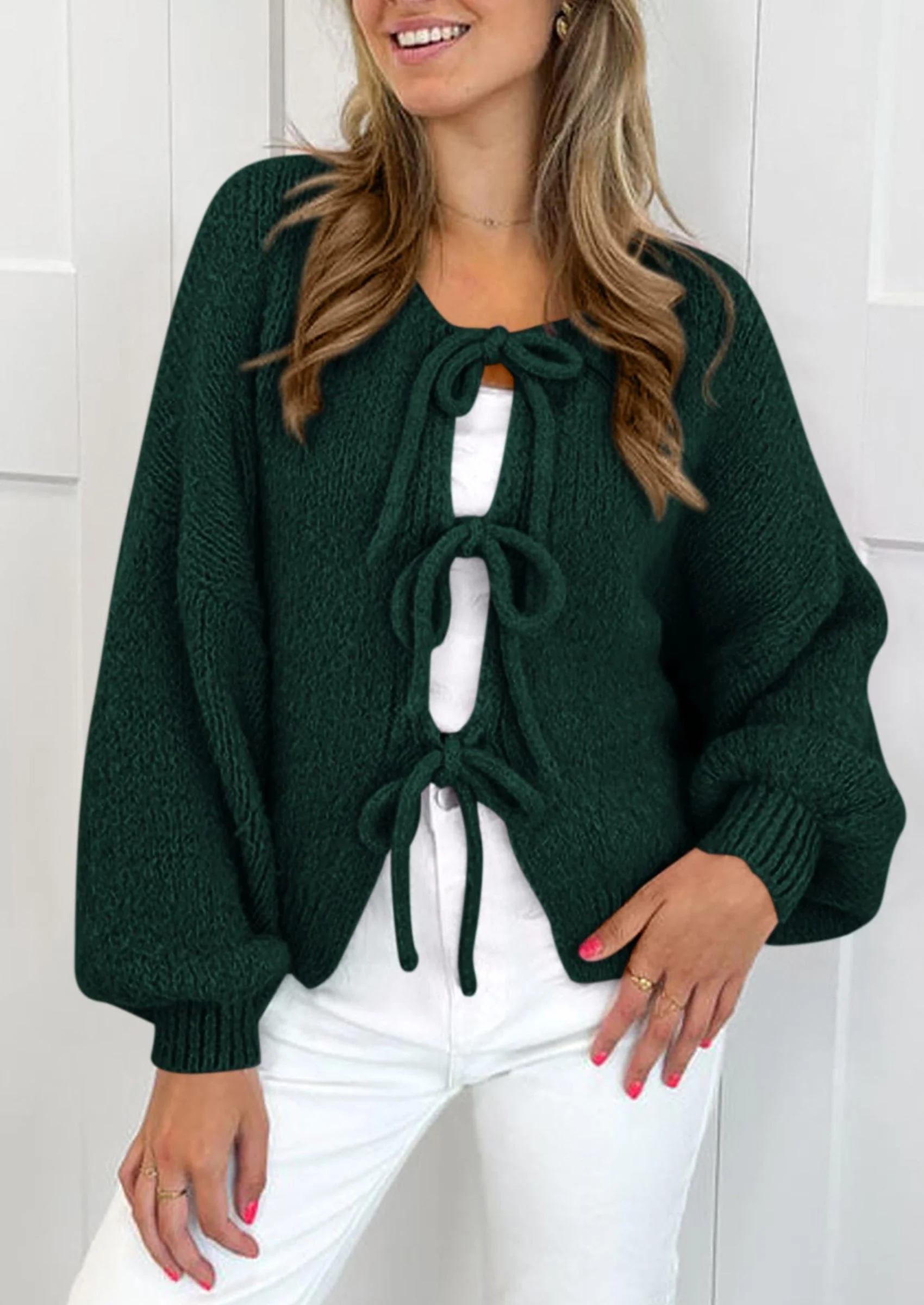 PRETTYGARDEN Women's Tie Front Bow Cardigan Sweaters Chunky Knit Long Puff Sleeve Trendy Fall Winter Jacket Coats - Image 42