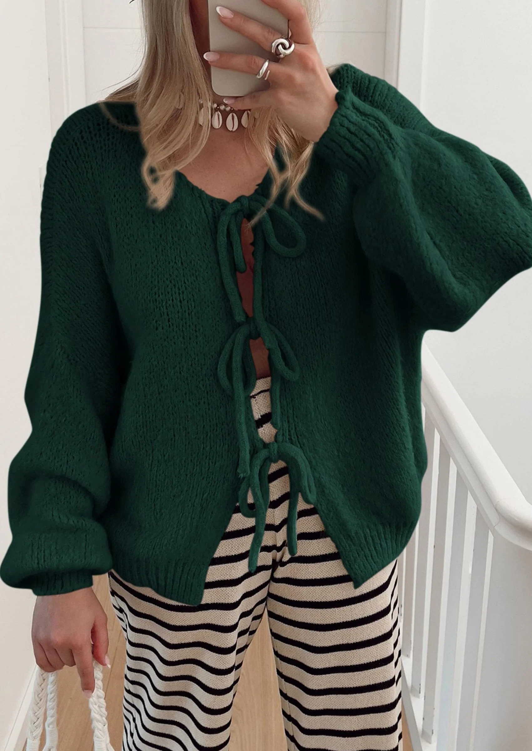 PRETTYGARDEN Women's Tie Front Bow Cardigan Sweaters Chunky Knit Long Puff Sleeve Trendy Fall Winter Jacket Coats - Image 44