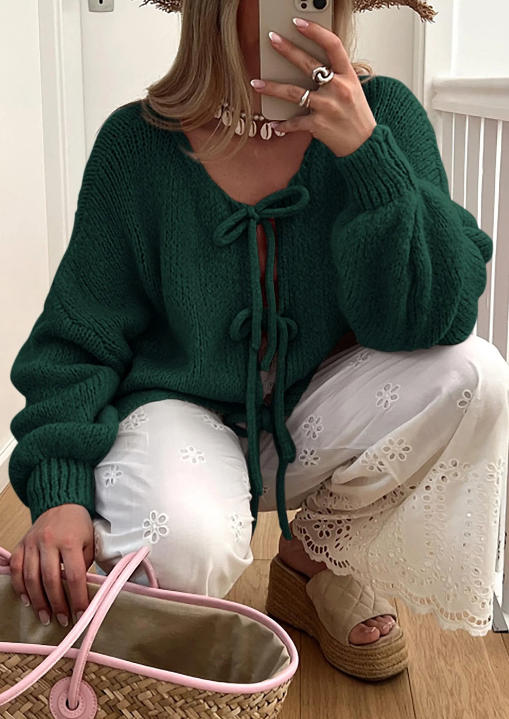 PRETTYGARDEN Women's Tie Front Bow Cardigan Sweaters Chunky Knit Long Puff Sleeve Trendy Fall Winter Jacket Coats - Image 45