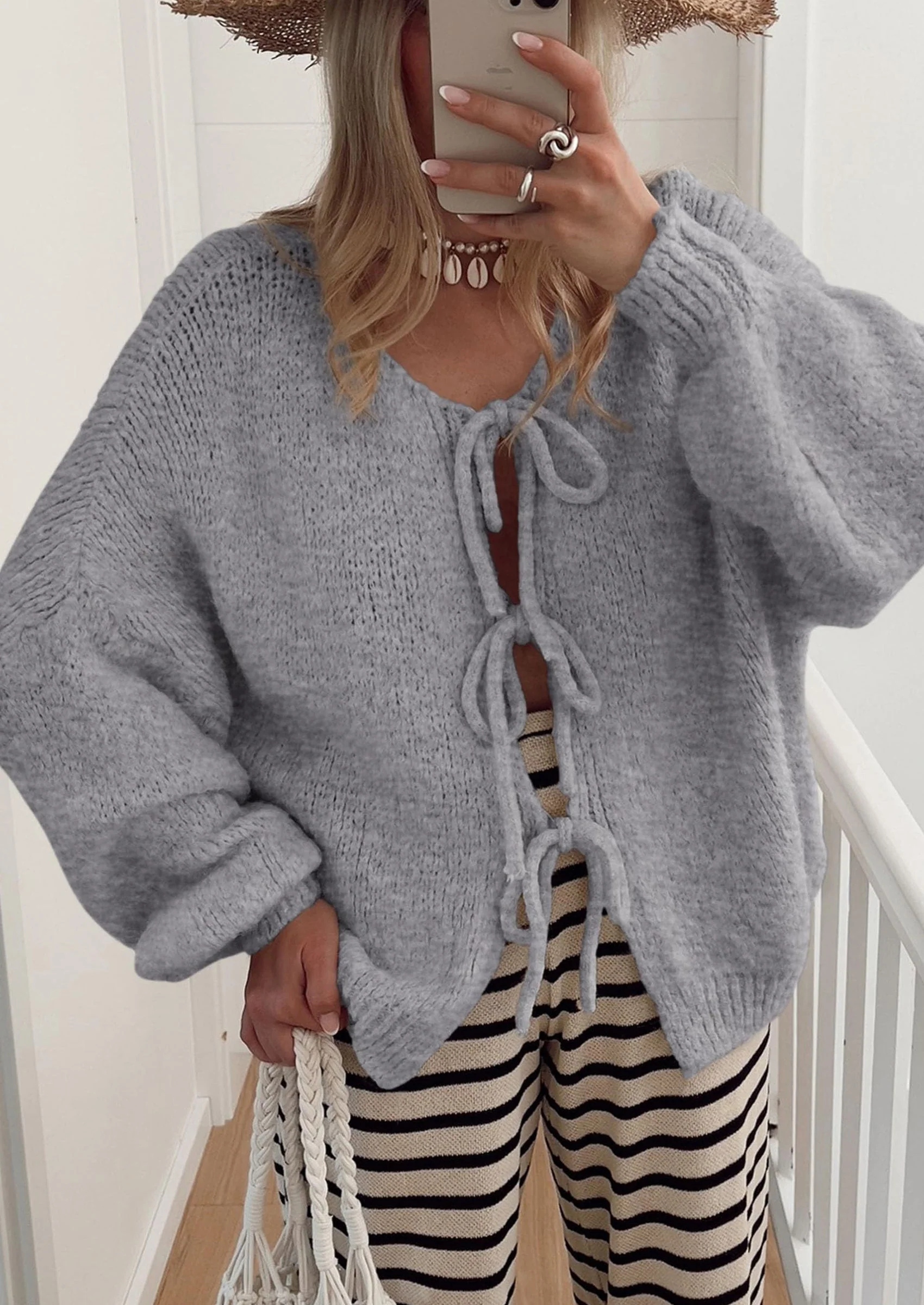 PRETTYGARDEN Women's Tie Front Bow Cardigan Sweaters Chunky Knit Long Puff Sleeve Trendy Fall Winter Jacket Coats - Image 51