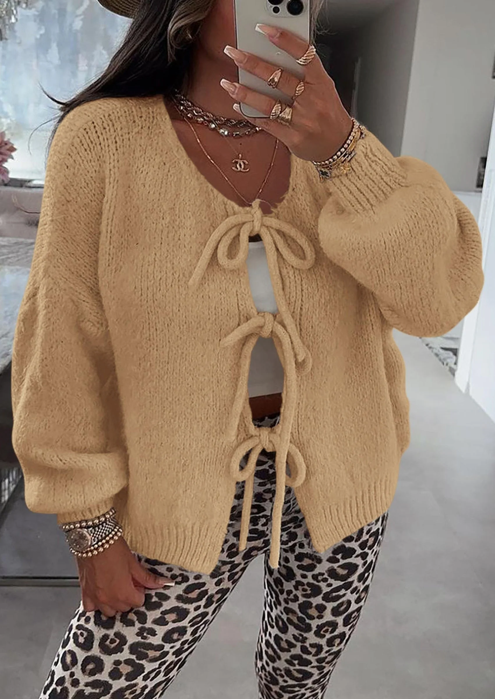 PRETTYGARDEN Women's Tie Front Bow Cardigan Sweaters Chunky Knit Long Puff Sleeve Trendy Fall Winter Jacket Coats - Image 58