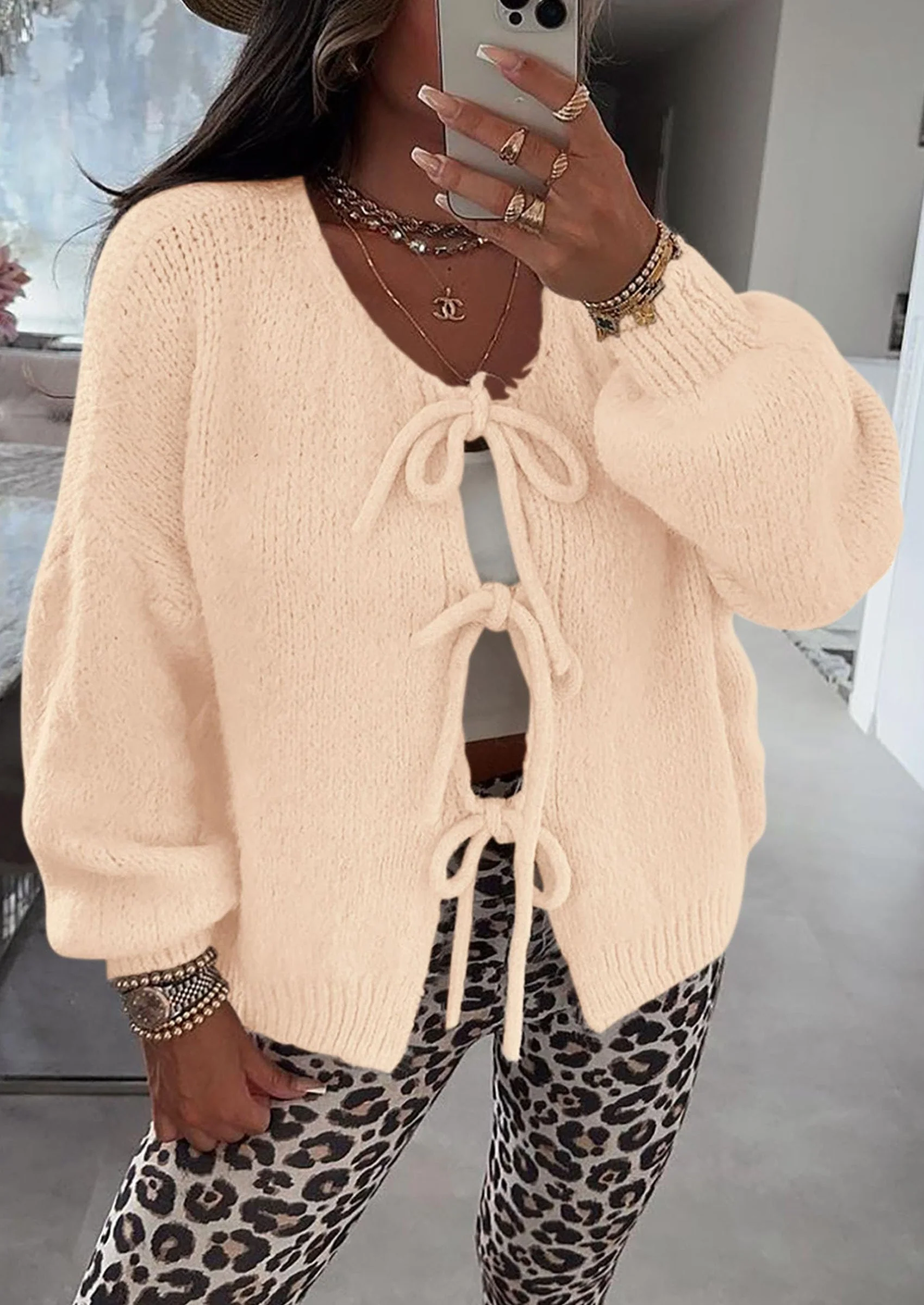 PRETTYGARDEN Women's Tie Front Bow Cardigan Sweaters Chunky Knit Long Puff Sleeve Trendy Fall Winter Jacket Coats - Image 6