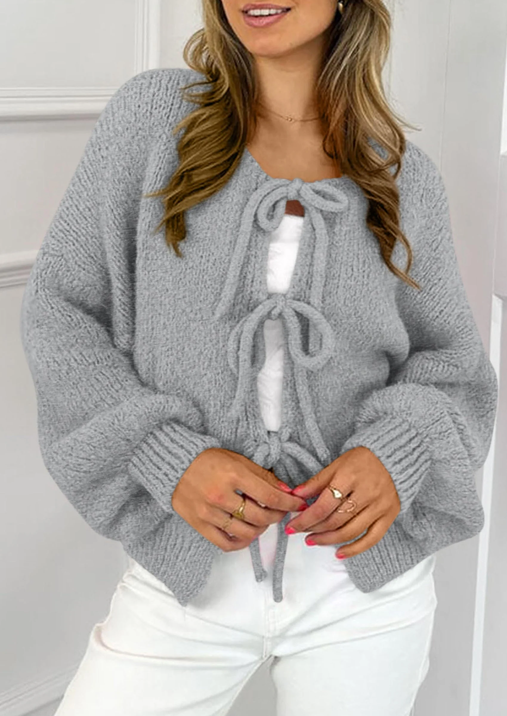 PRETTYGARDEN Women's Tie Front Bow Cardigan Sweaters Chunky Knit Long Puff Sleeve Trendy Fall Winter Jacket Coats - Image 62