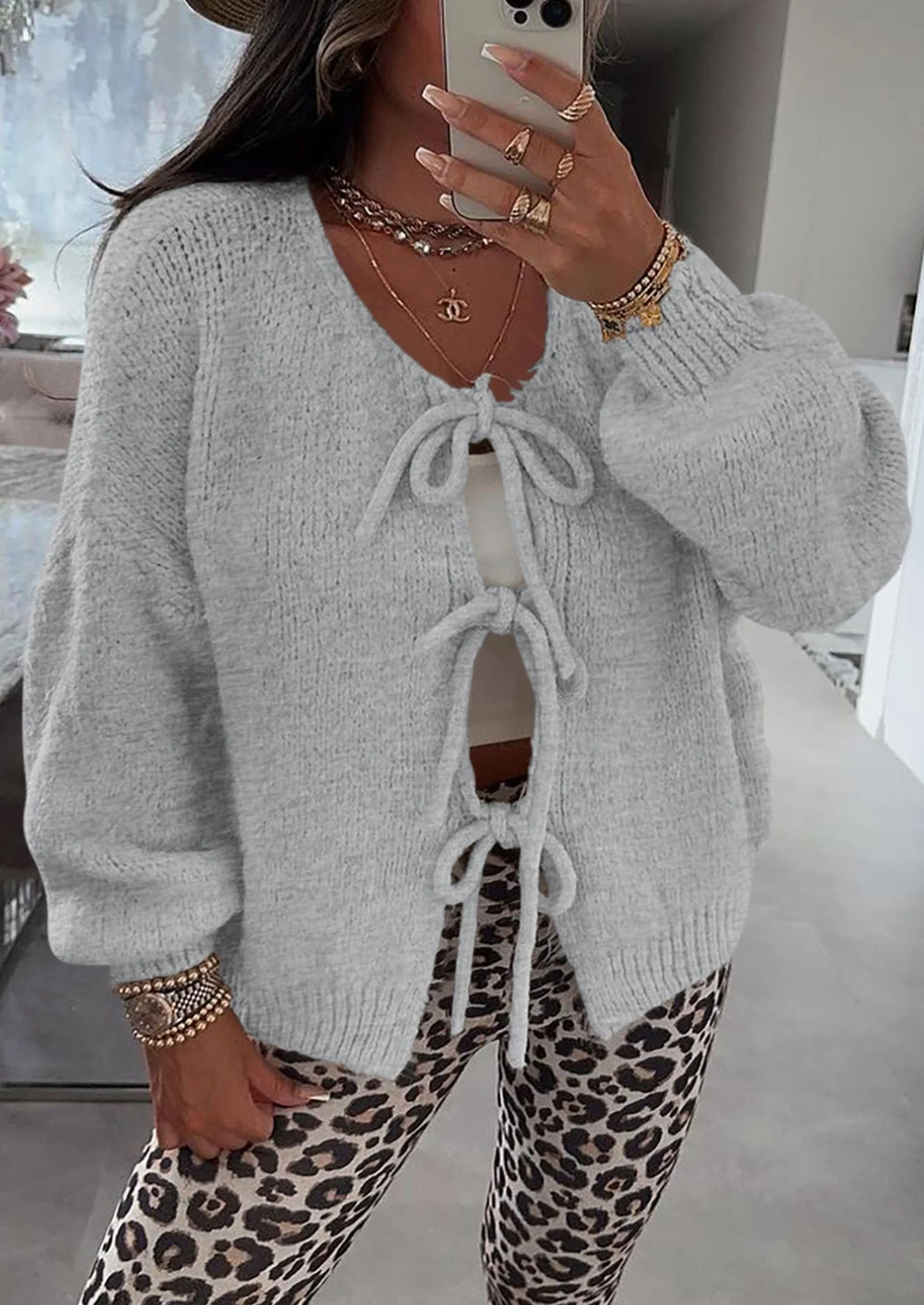 PRETTYGARDEN Women's Tie Front Bow Cardigan Sweaters Chunky Knit Long Puff Sleeve Trendy Fall Winter Jacket Coats - Image 63