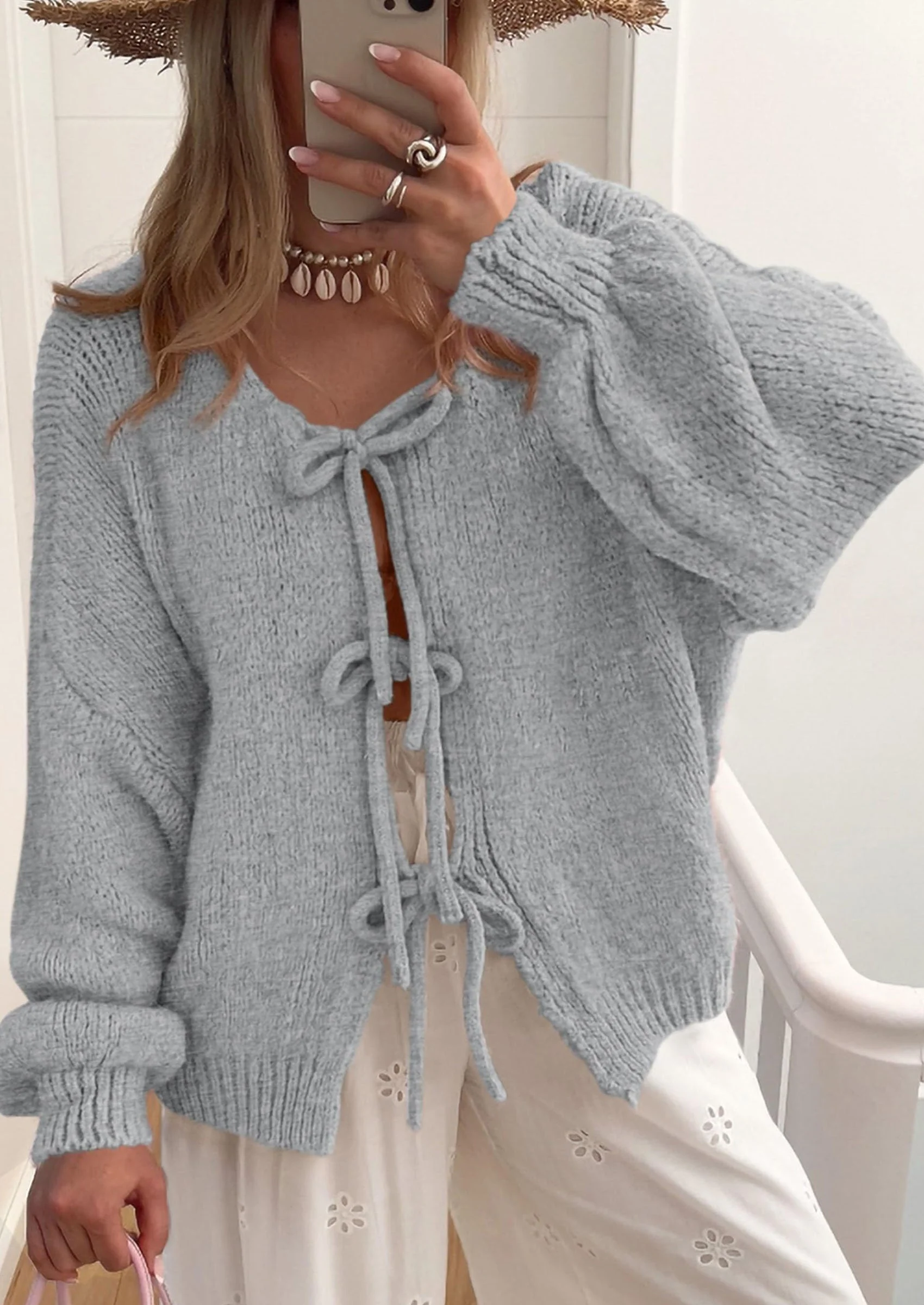 PRETTYGARDEN Women's Tie Front Bow Cardigan Sweaters Chunky Knit Long Puff Sleeve Trendy Fall Winter Jacket Coats - Image 64