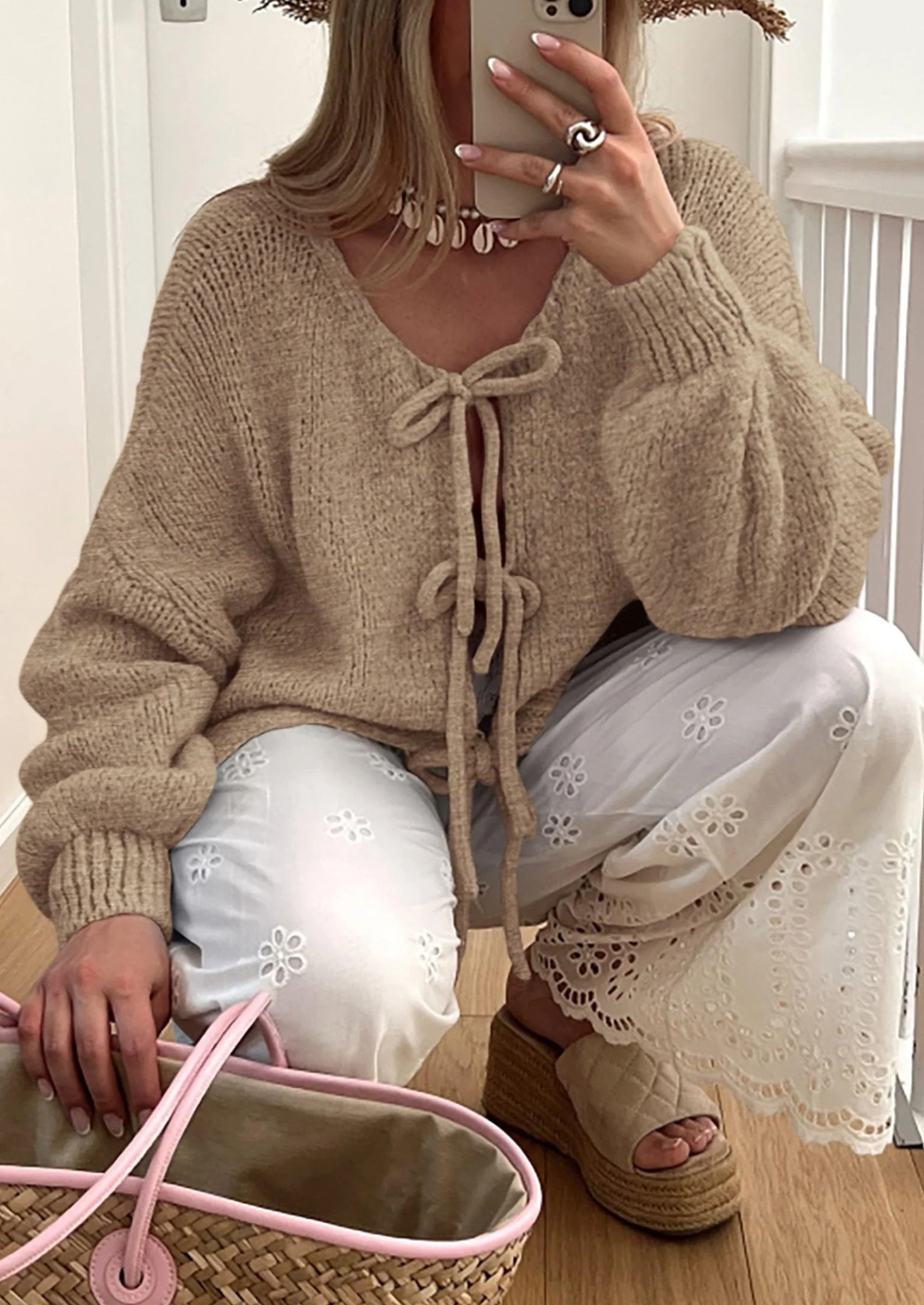 PRETTYGARDEN Women's Tie Front Bow Cardigan Sweaters Chunky Knit Long Puff Sleeve Trendy Fall Winter Jacket Coats - Image 69