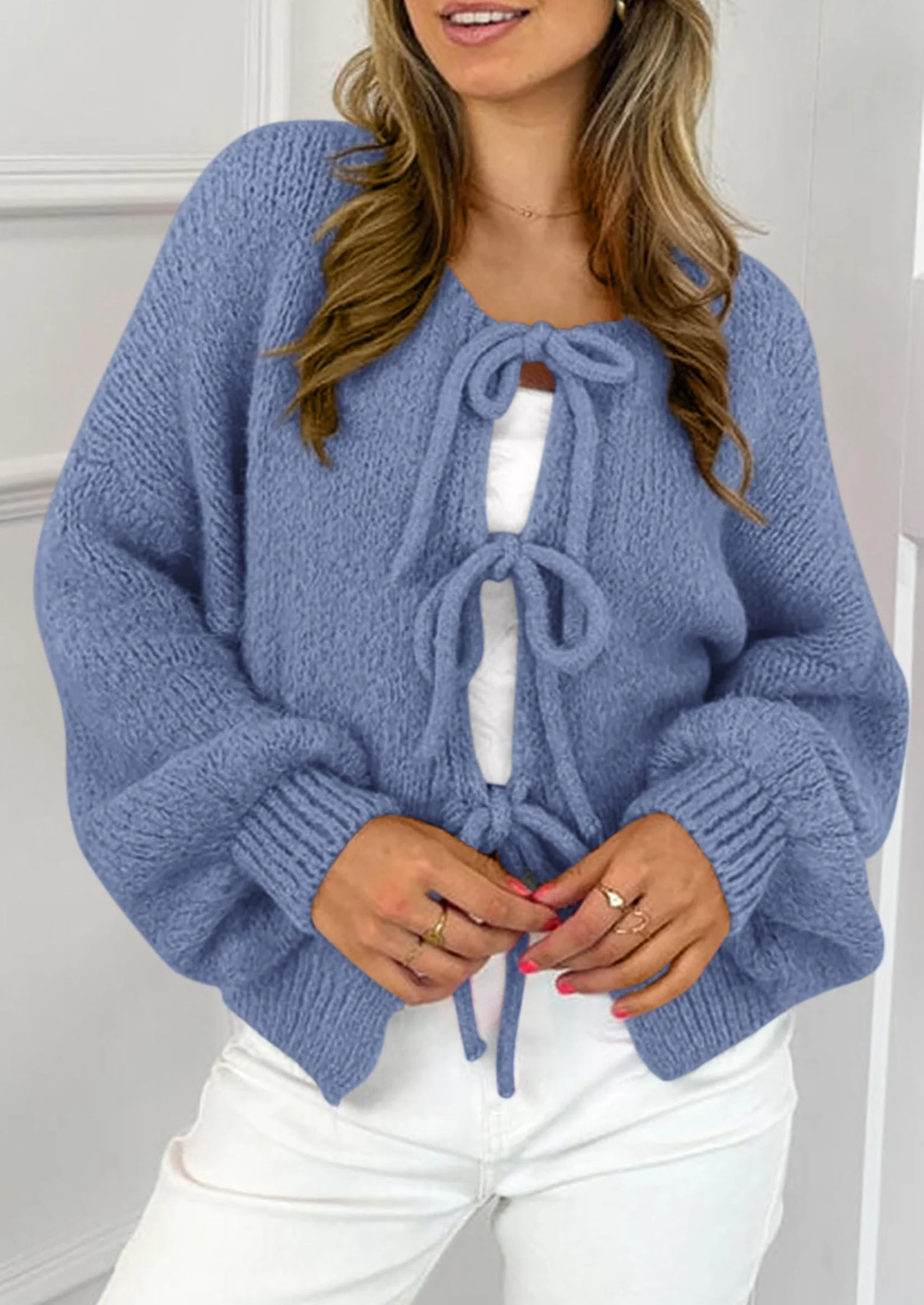 PRETTYGARDEN Women's Tie Front Bow Cardigan Sweaters Chunky Knit Long Puff Sleeve Trendy Fall Winter Jacket Coats - Image 73