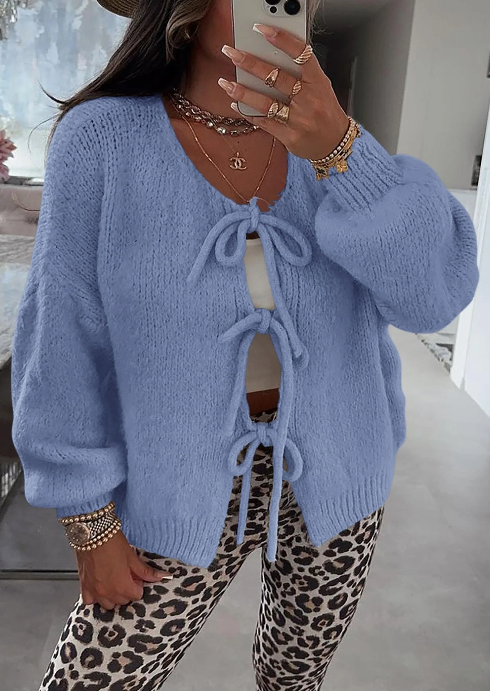 PRETTYGARDEN Women's Tie Front Bow Cardigan Sweaters Chunky Knit Long Puff Sleeve Trendy Fall Winter Jacket Coats - Image 75