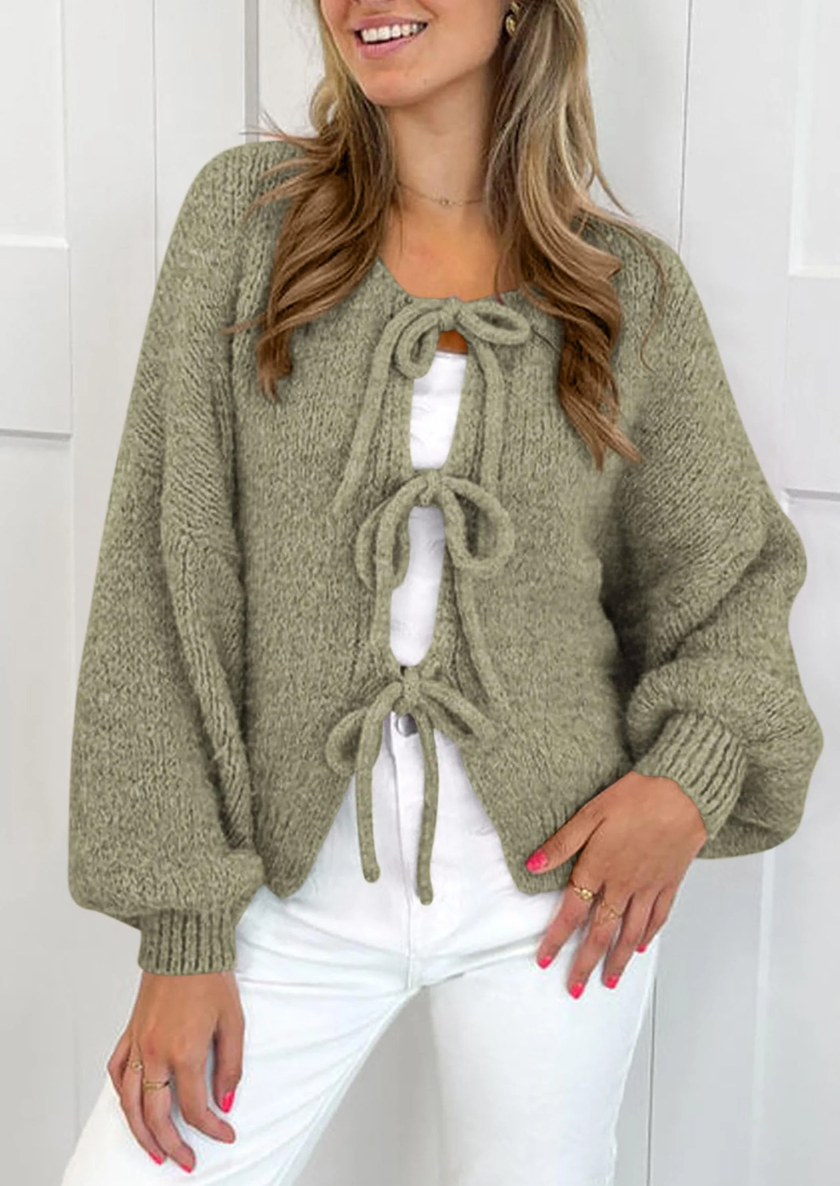 PRETTYGARDEN Women's Tie Front Bow Cardigan Sweaters Chunky Knit Long Puff Sleeve Trendy Fall Winter Jacket Coats - Image 78