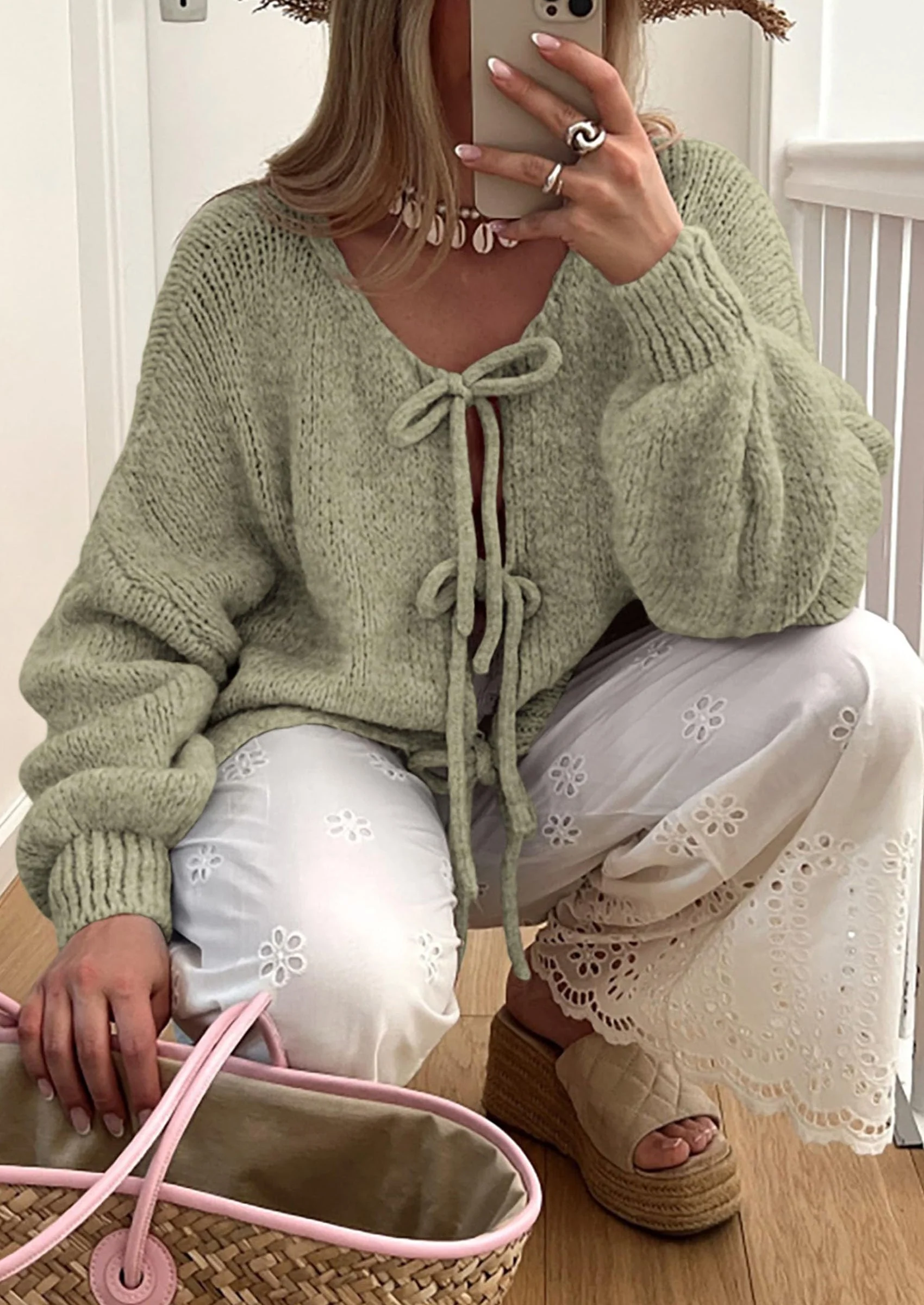 PRETTYGARDEN Women's Tie Front Bow Cardigan Sweaters Chunky Knit Long Puff Sleeve Trendy Fall Winter Jacket Coats - Image 80