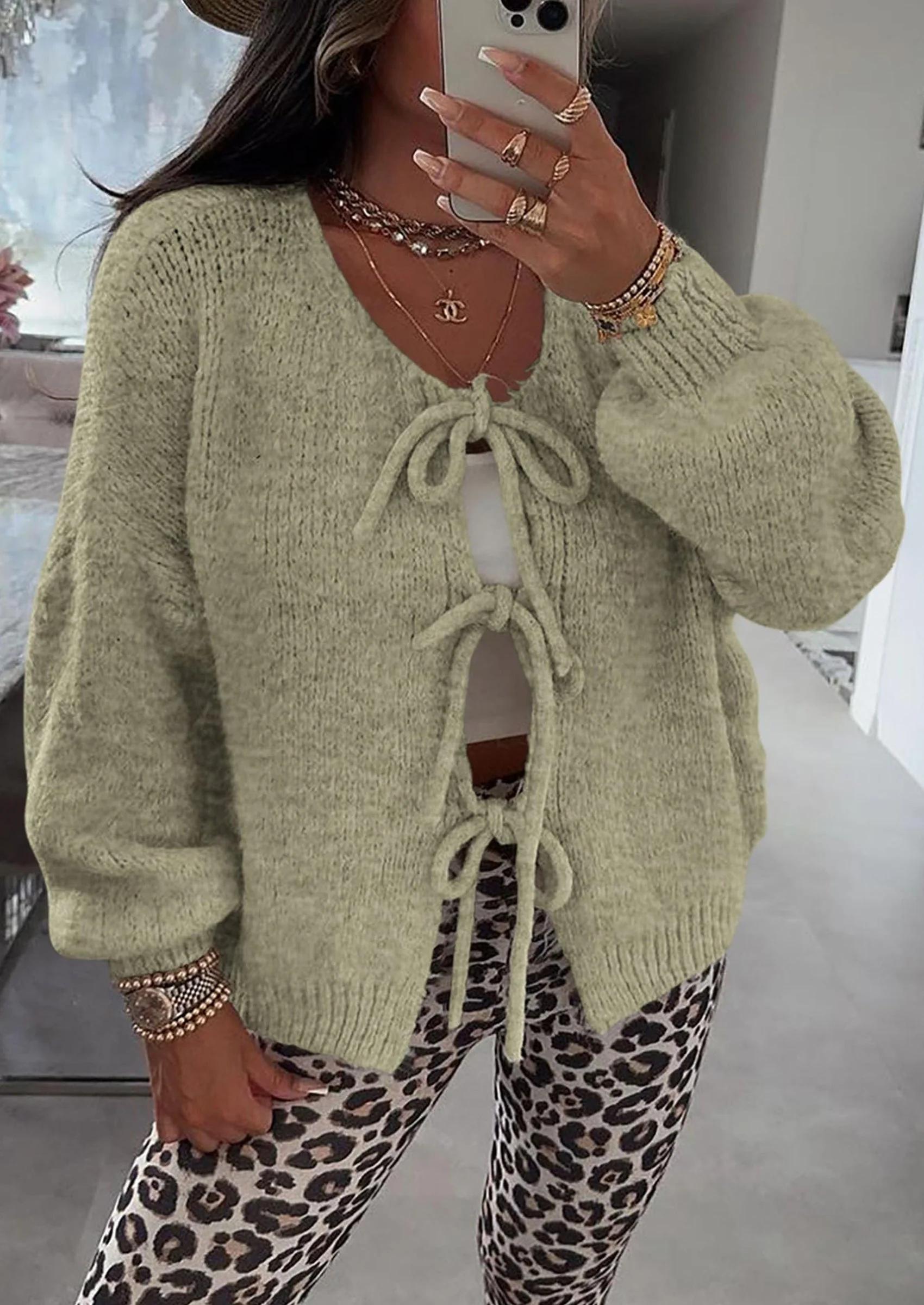 PRETTYGARDEN Women's Tie Front Bow Cardigan Sweaters Chunky Knit Long Puff Sleeve Trendy Fall Winter Jacket Coats - Image 81