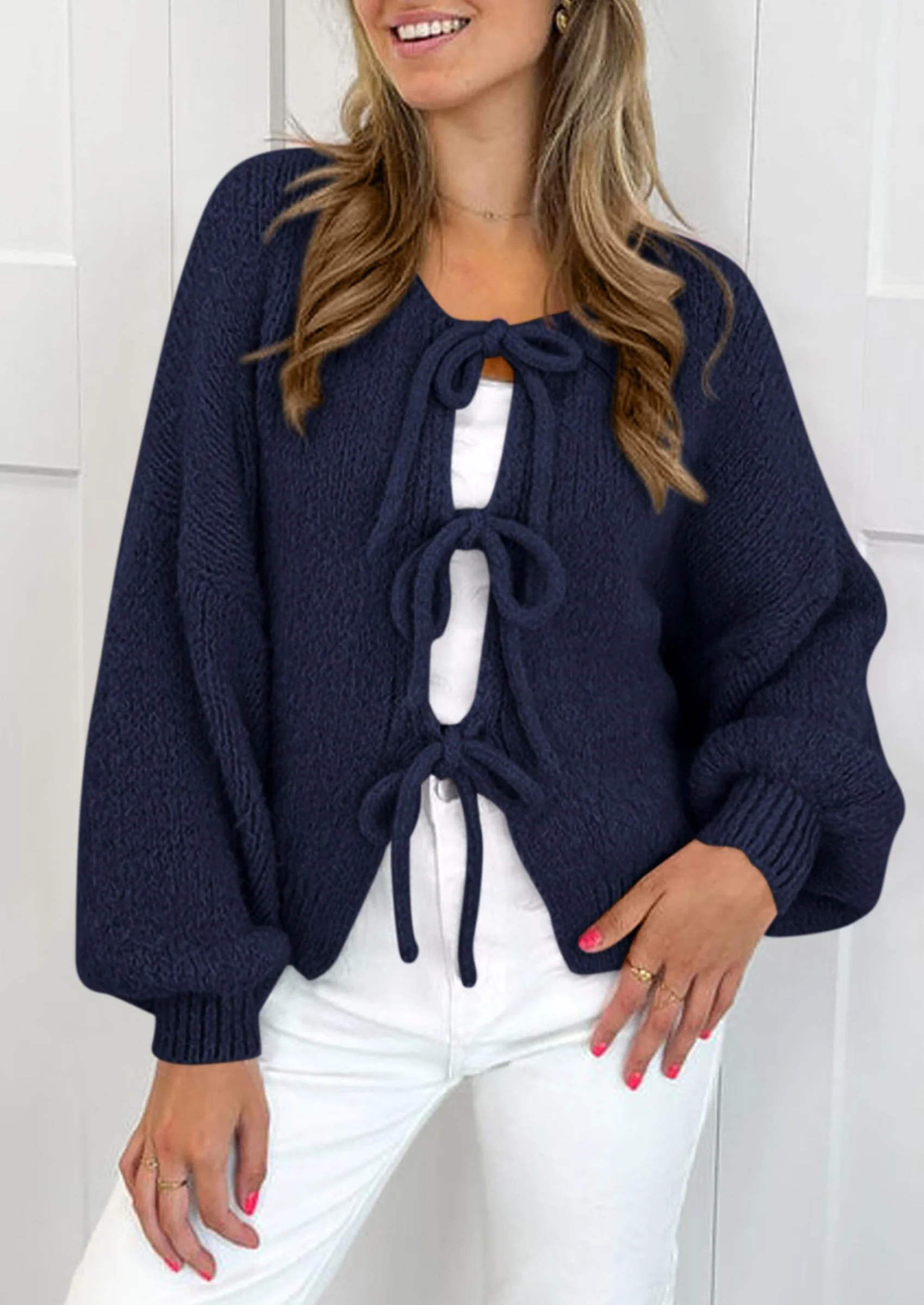 PRETTYGARDEN Women's Tie Front Bow Cardigan Sweaters Chunky Knit Long Puff Sleeve Trendy Fall Winter Jacket Coats - Image 84