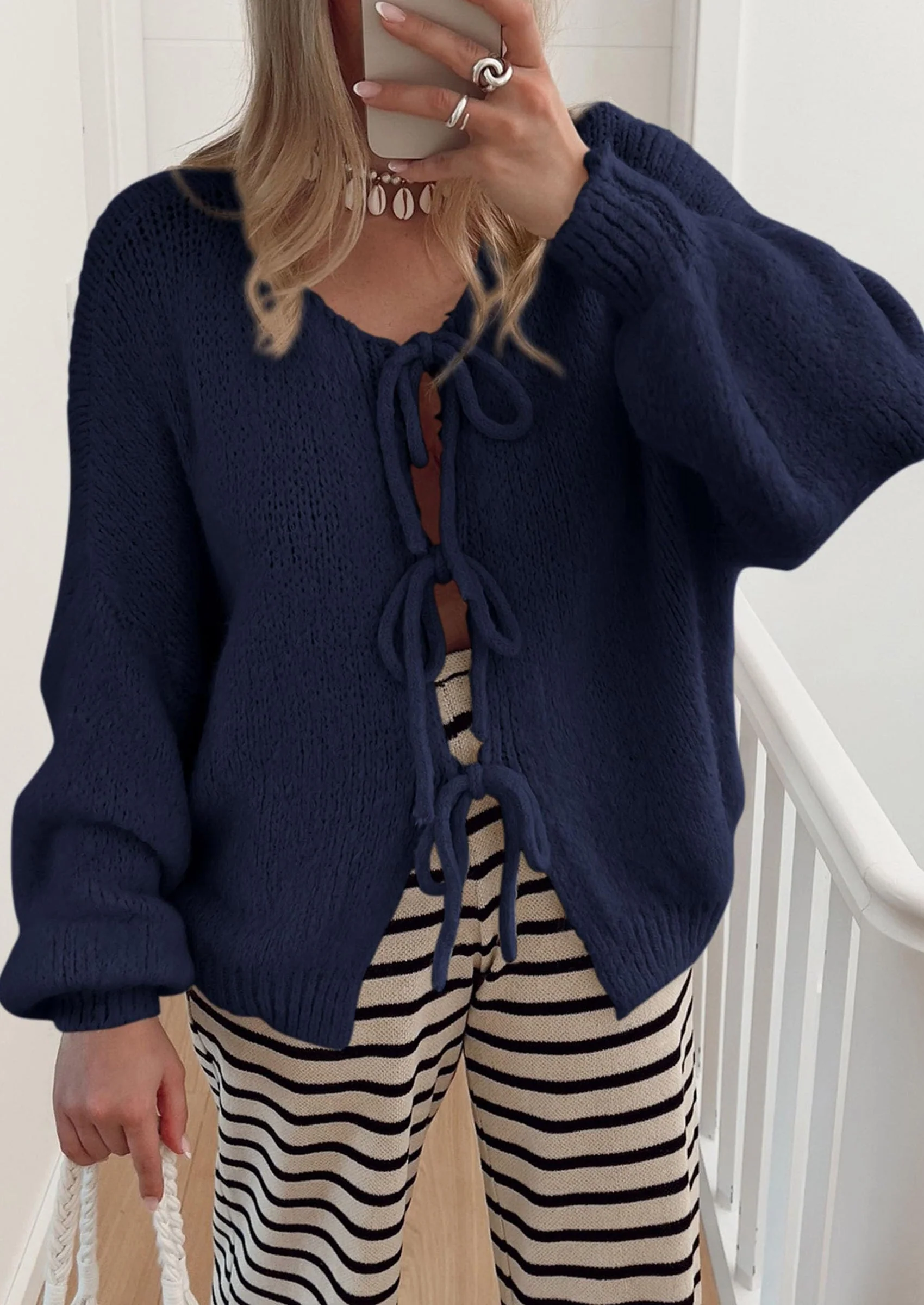 PRETTYGARDEN Women's Tie Front Bow Cardigan Sweaters Chunky Knit Long Puff Sleeve Trendy Fall Winter Jacket Coats - Image 86