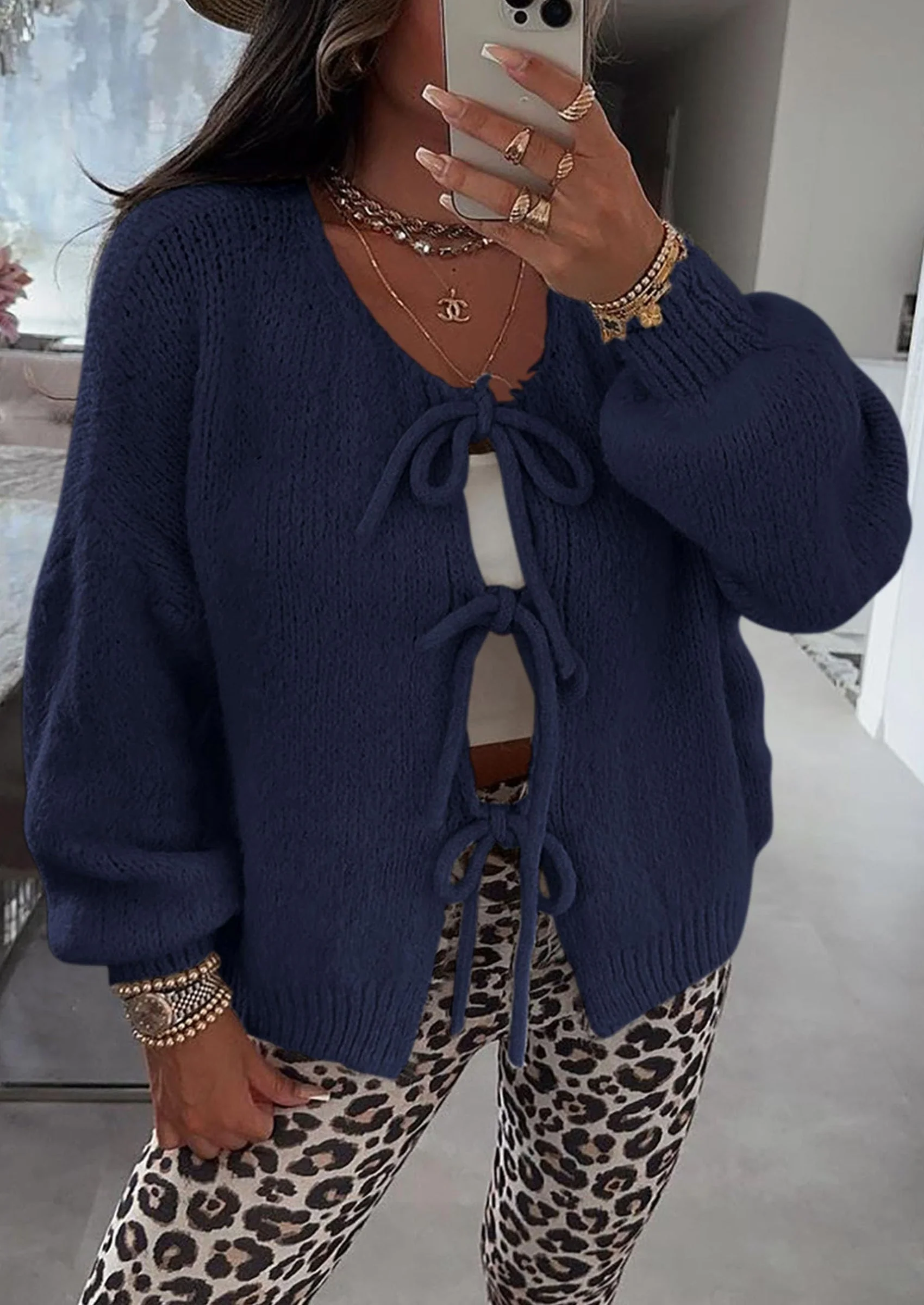 PRETTYGARDEN Women's Tie Front Bow Cardigan Sweaters Chunky Knit Long Puff Sleeve Trendy Fall Winter Jacket Coats - Image 88