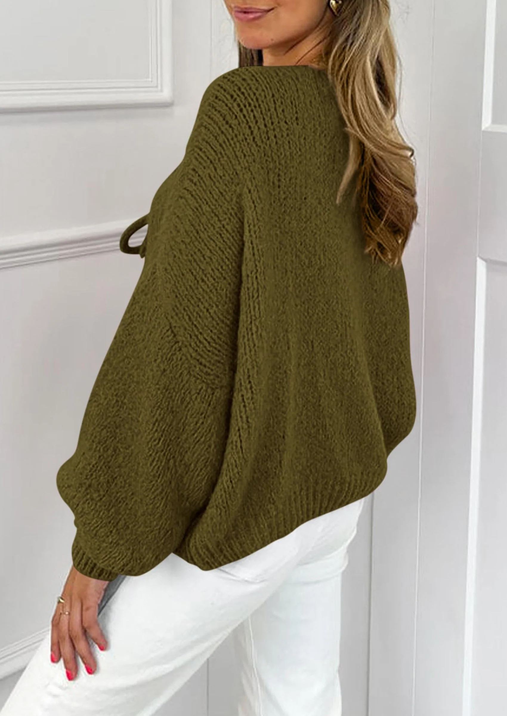 PRETTYGARDEN Women's Tie Front Bow Cardigan Sweaters Chunky Knit Long Puff Sleeve Trendy Fall Winter Jacket Coats - Image 9