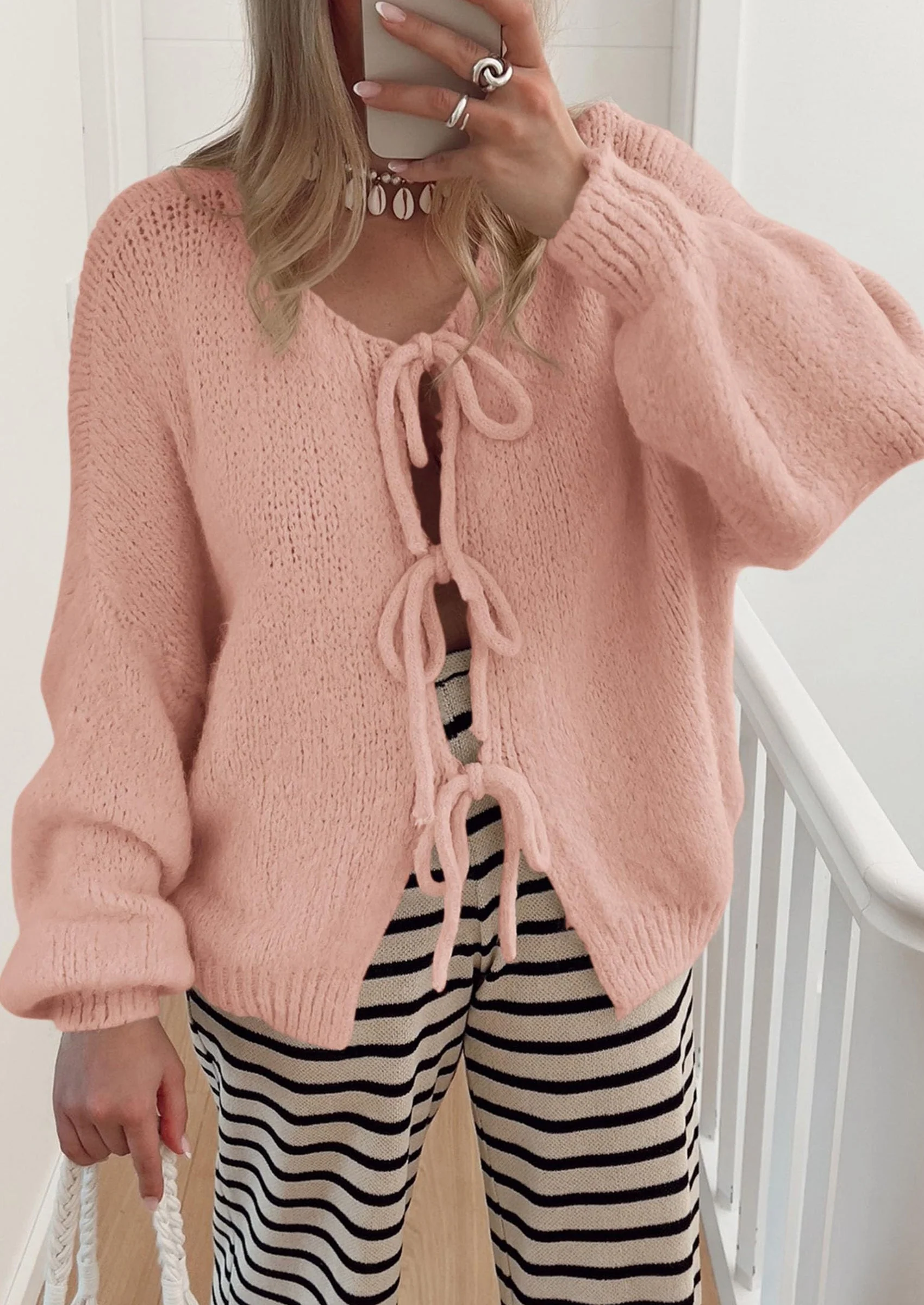 PRETTYGARDEN Women's Tie Front Bow Cardigan Sweaters Chunky Knit Long Puff Sleeve Trendy Fall Winter Jacket Coats - Image 92