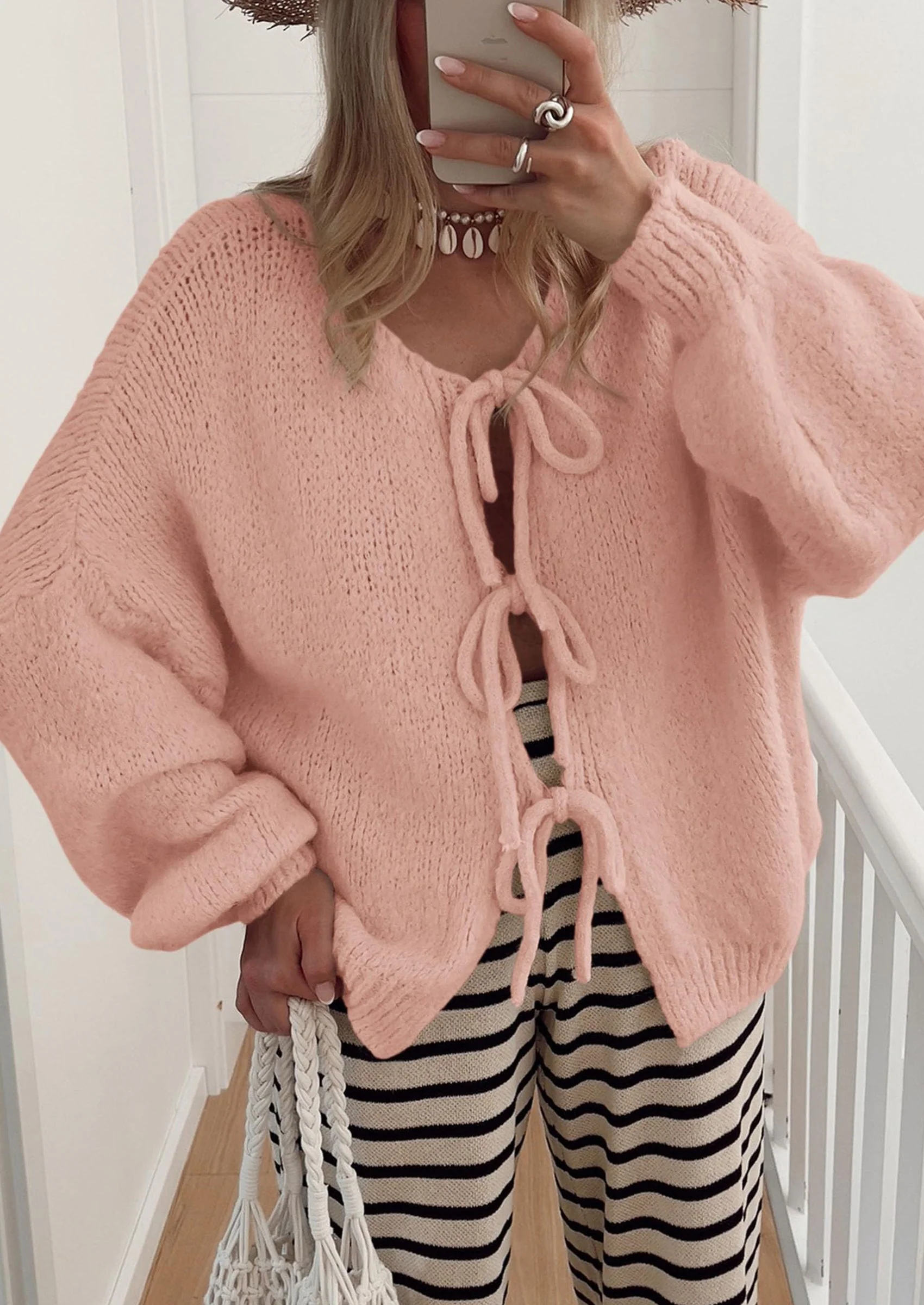 PRETTYGARDEN Women's Tie Front Bow Cardigan Sweaters Chunky Knit Long Puff Sleeve Trendy Fall Winter Jacket Coats - Image 93