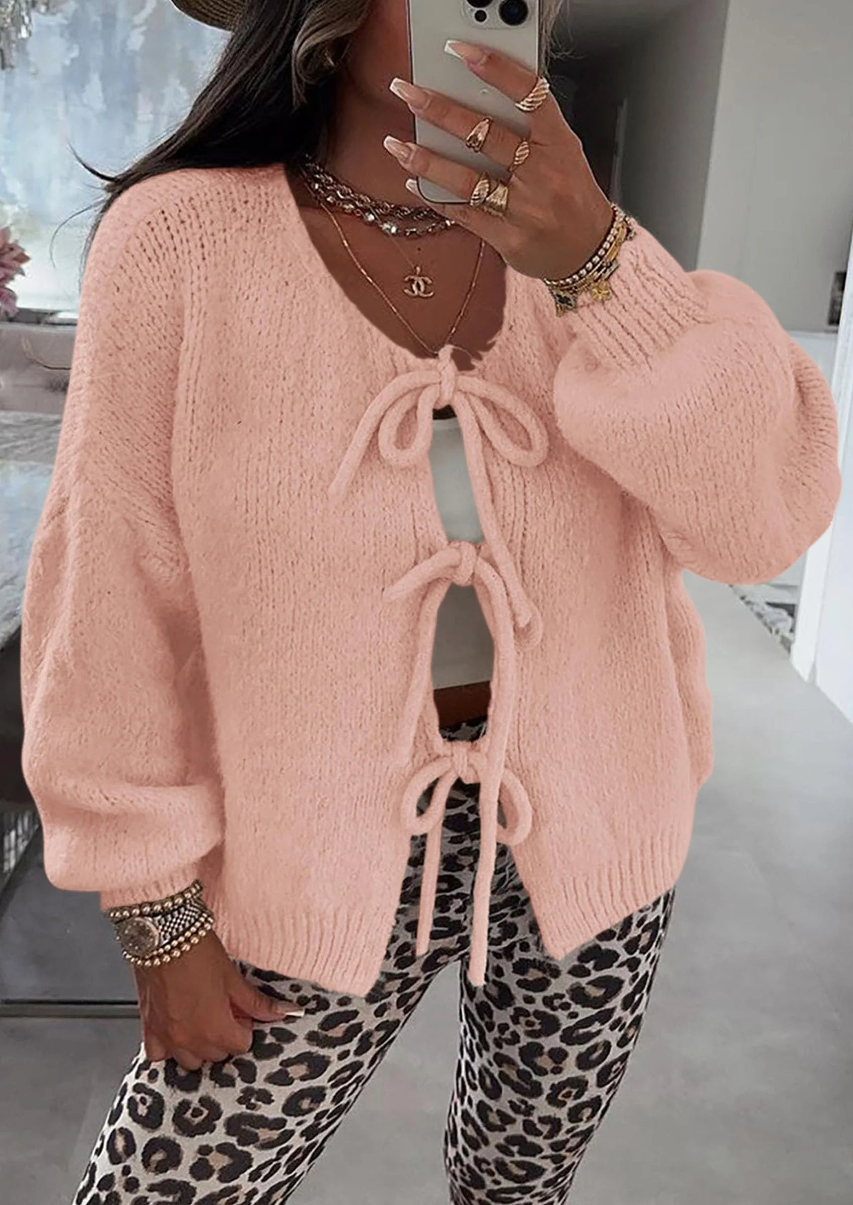 PRETTYGARDEN Women's Tie Front Bow Cardigan Sweaters Chunky Knit Long Puff Sleeve Trendy Fall Winter Jacket Coats - Image 94