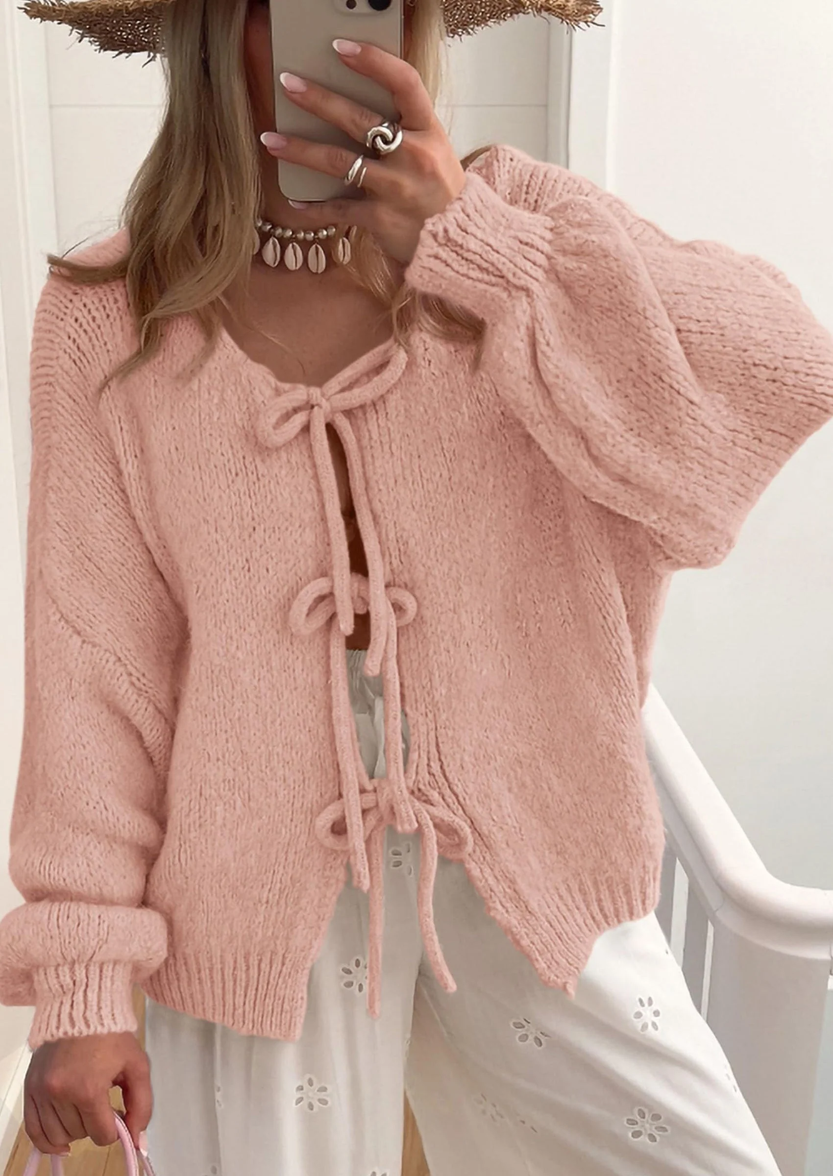 PRETTYGARDEN Women's Tie Front Bow Cardigan Sweaters Chunky Knit Long Puff Sleeve Trendy Fall Winter Jacket Coats - Image 96