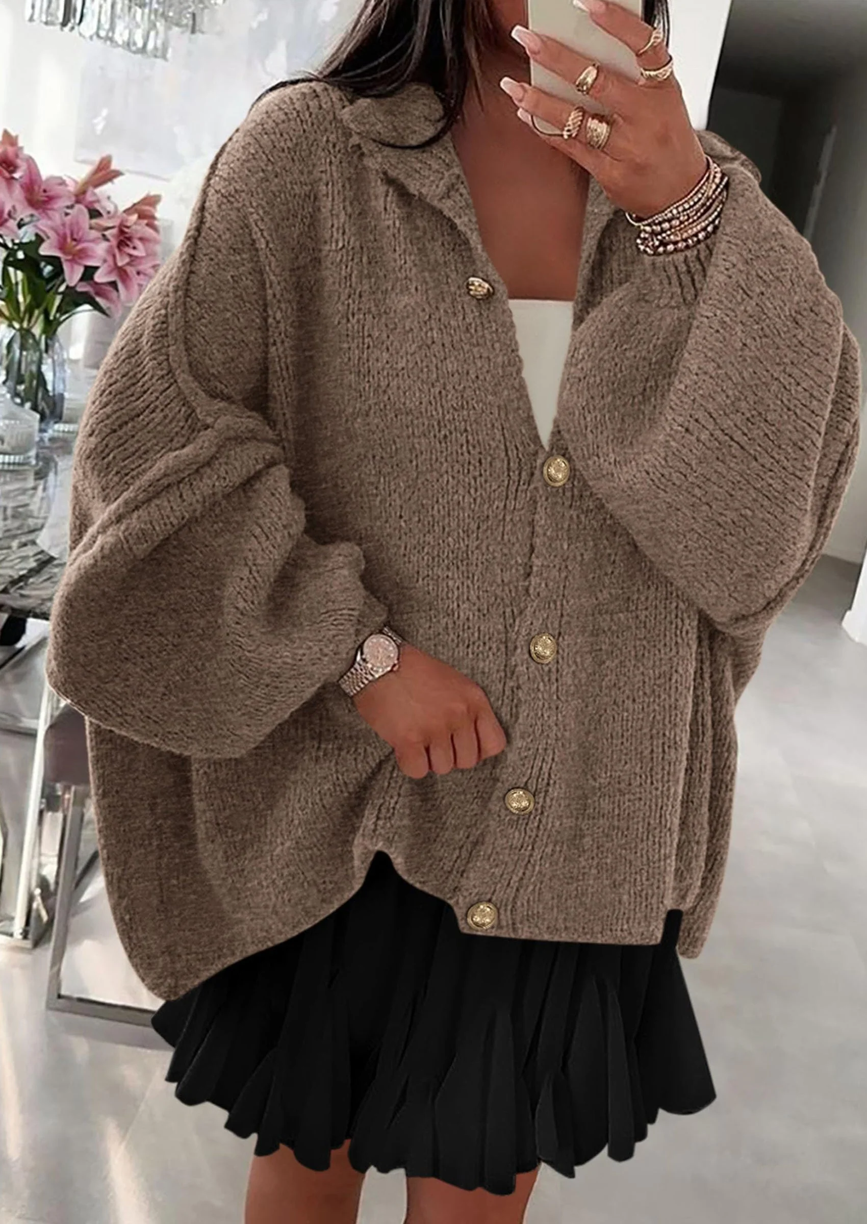 PRETTYGARDEN Women's Winter Button Down Cardigan Sweaters Mock Neck Lantern Long Sleeve Chunky Knit Jacket Trendy Outerwear - Image 10