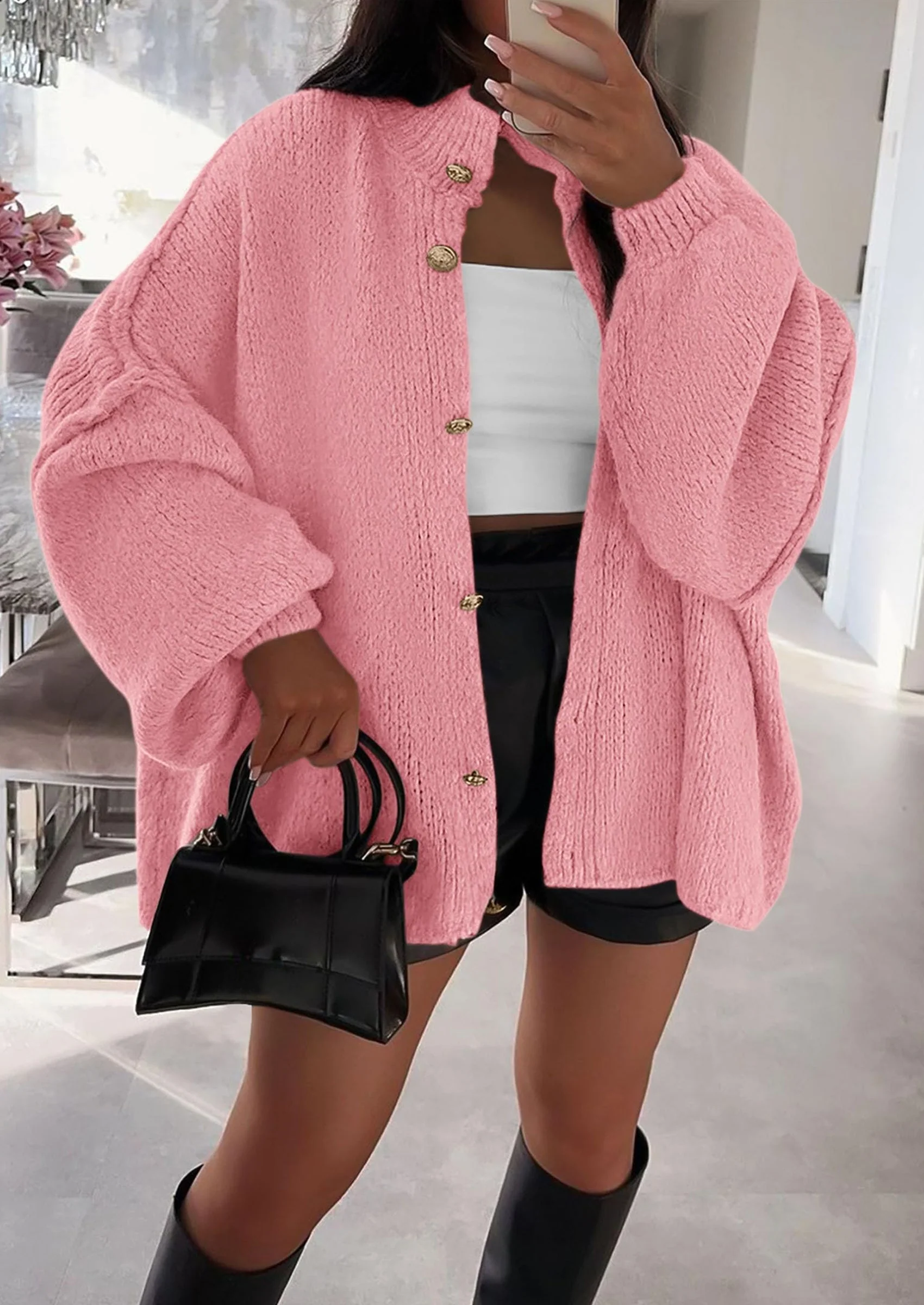 PRETTYGARDEN Women's Winter Button Down Cardigan Sweaters Mock Neck Lantern Long Sleeve Chunky Knit Jacket Trendy Outerwear - Image 100