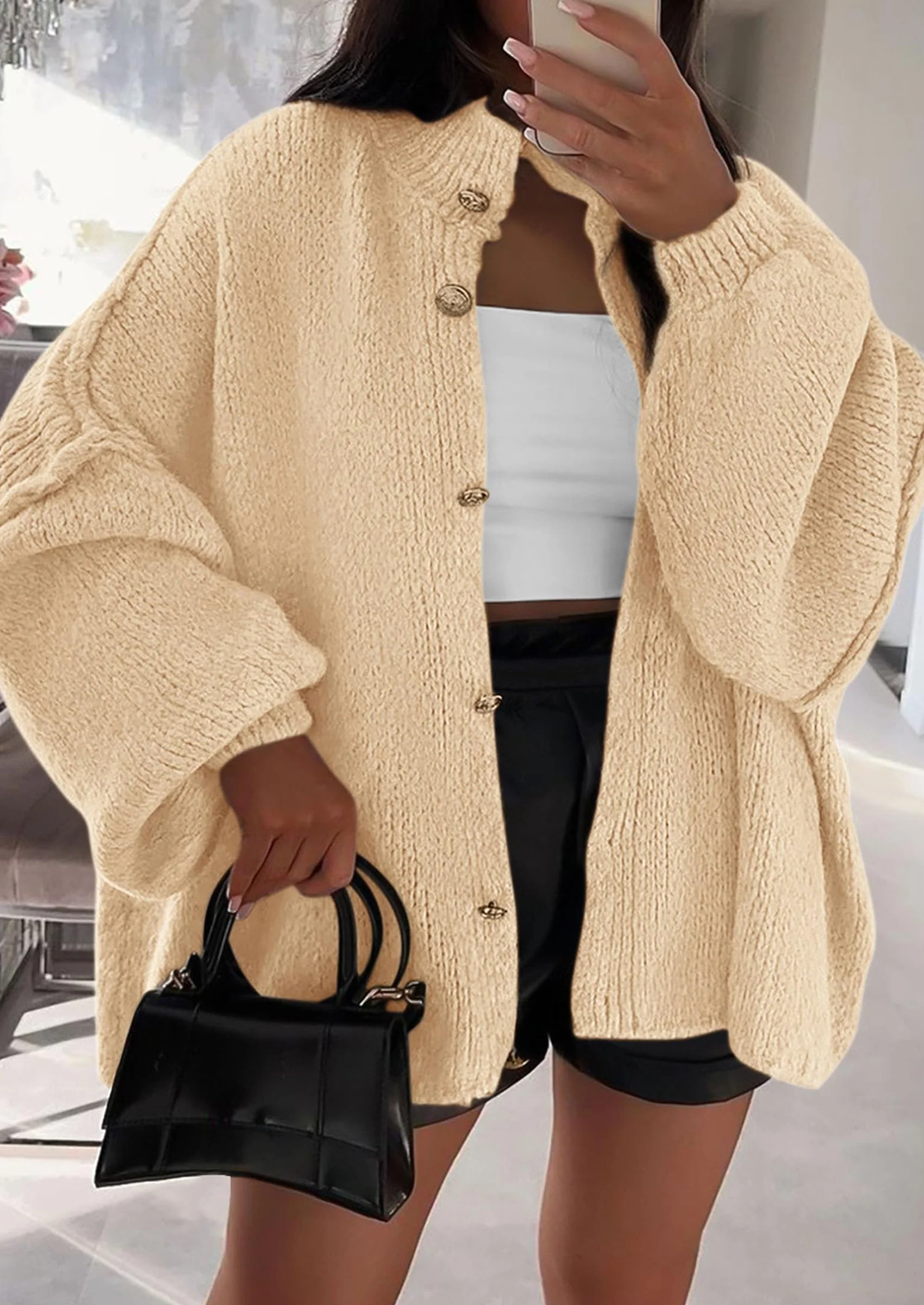 PRETTYGARDEN Women's Winter Button Down Cardigan Sweaters Mock Neck Lantern Long Sleeve Chunky Knit Jacket Trendy Outerwear - Image 101