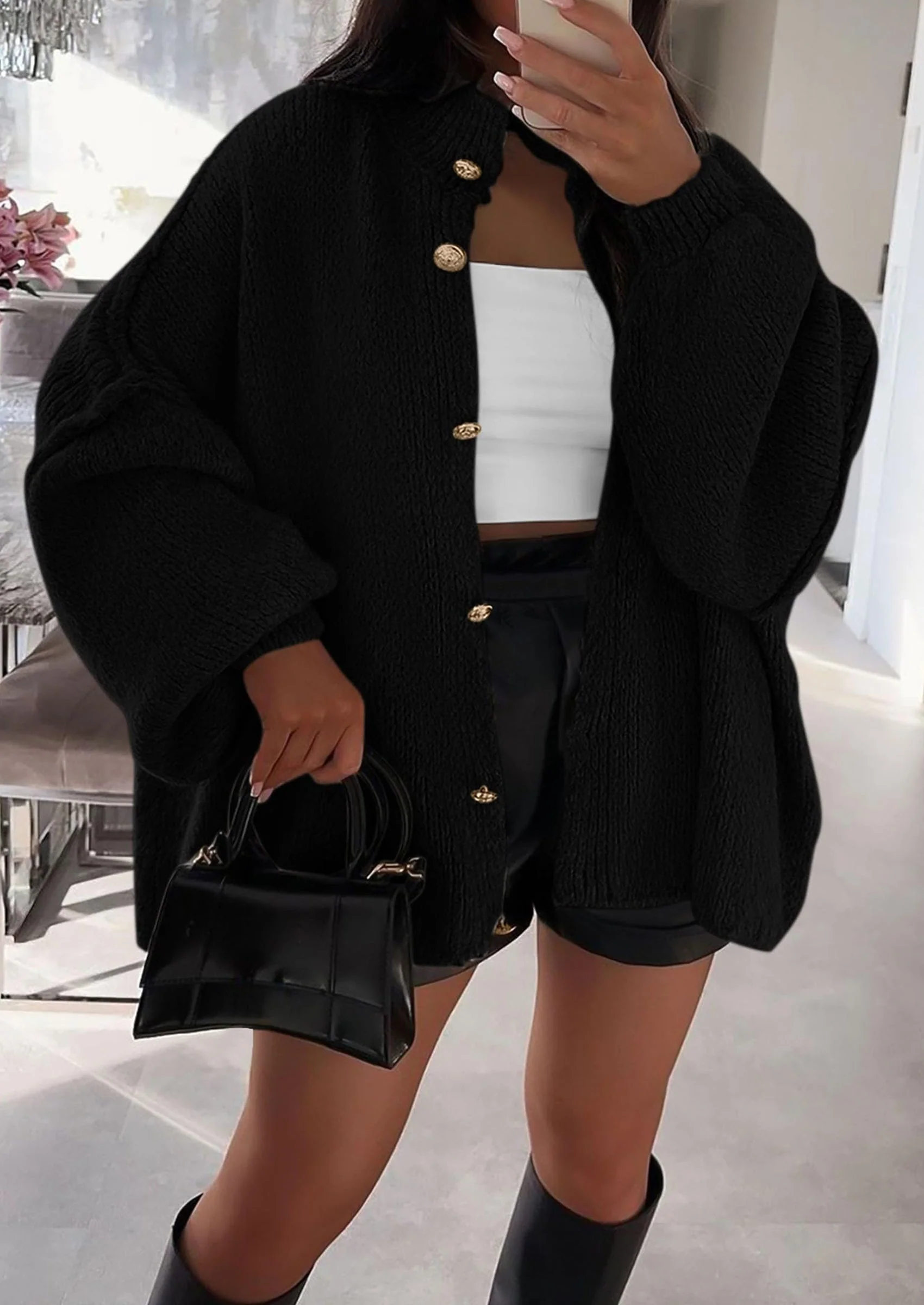 PRETTYGARDEN Women's Winter Button Down Cardigan Sweaters Mock Neck Lantern Long Sleeve Chunky Knit Jacket Trendy Outerwear - Image 102