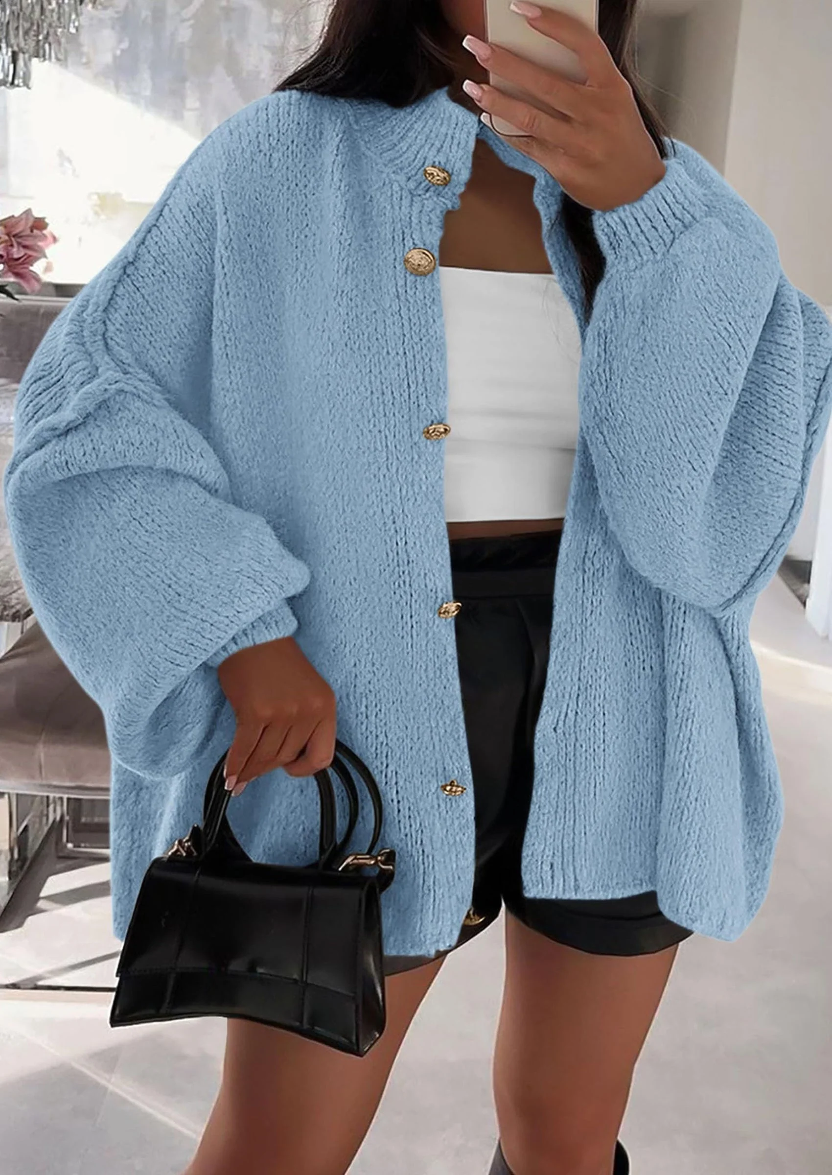 PRETTYGARDEN Women's Winter Button Down Cardigan Sweaters Mock Neck Lantern Long Sleeve Chunky Knit Jacket Trendy Outerwear - Image 106