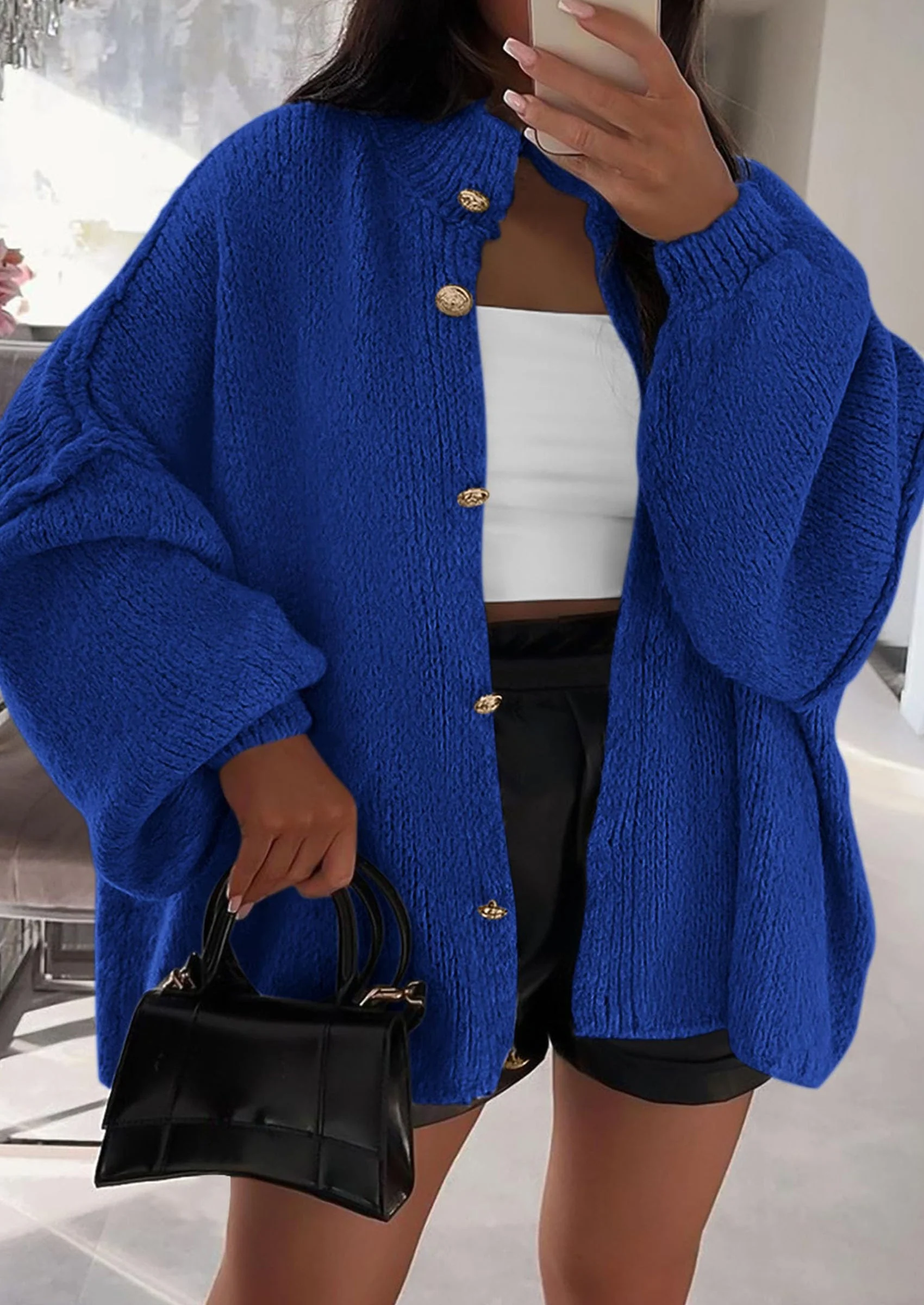 PRETTYGARDEN Women's Winter Button Down Cardigan Sweaters Mock Neck Lantern Long Sleeve Chunky Knit Jacket Trendy Outerwear - Image 110