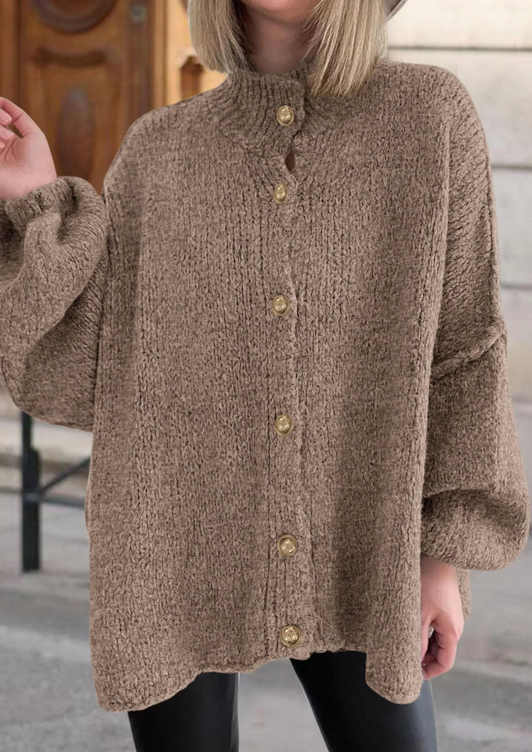 PRETTYGARDEN Women's Winter Button Down Cardigan Sweaters Mock Neck Lantern Long Sleeve Chunky Knit Jacket Trendy Outerwear - Image 14