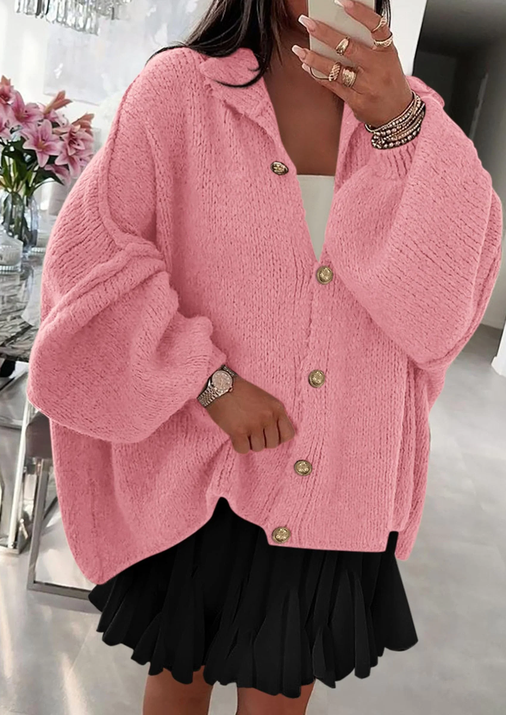 PRETTYGARDEN Women's Winter Button Down Cardigan Sweaters Mock Neck Lantern Long Sleeve Chunky Knit Jacket Trendy Outerwear - Image 16