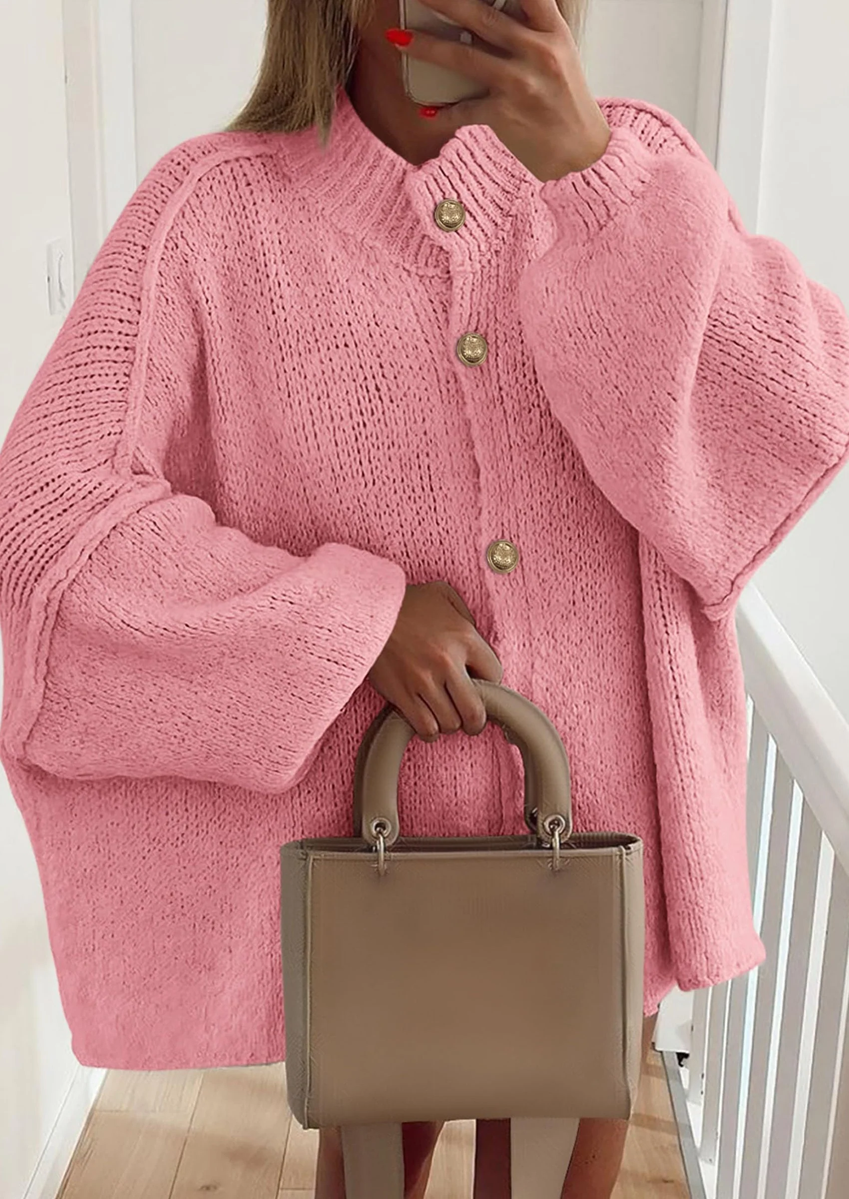 PRETTYGARDEN Women's Winter Button Down Cardigan Sweaters Mock Neck Lantern Long Sleeve Chunky Knit Jacket Trendy Outerwear - Image 21