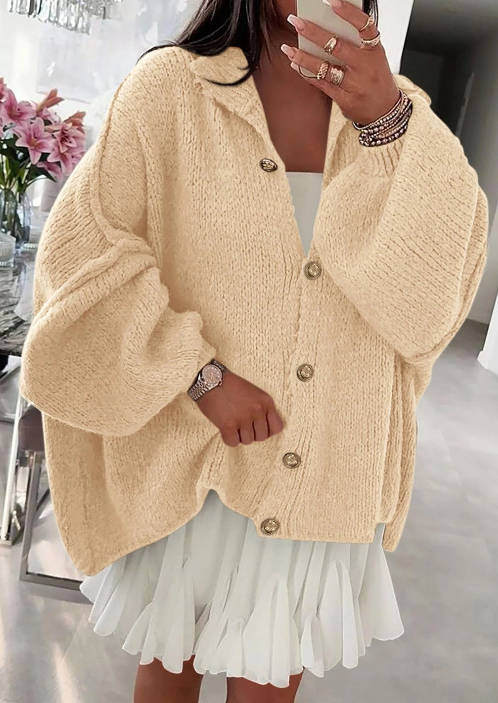 PRETTYGARDEN Women's Winter Button Down Cardigan Sweaters Mock Neck Lantern Long Sleeve Chunky Knit Jacket Trendy Outerwear - Image 23