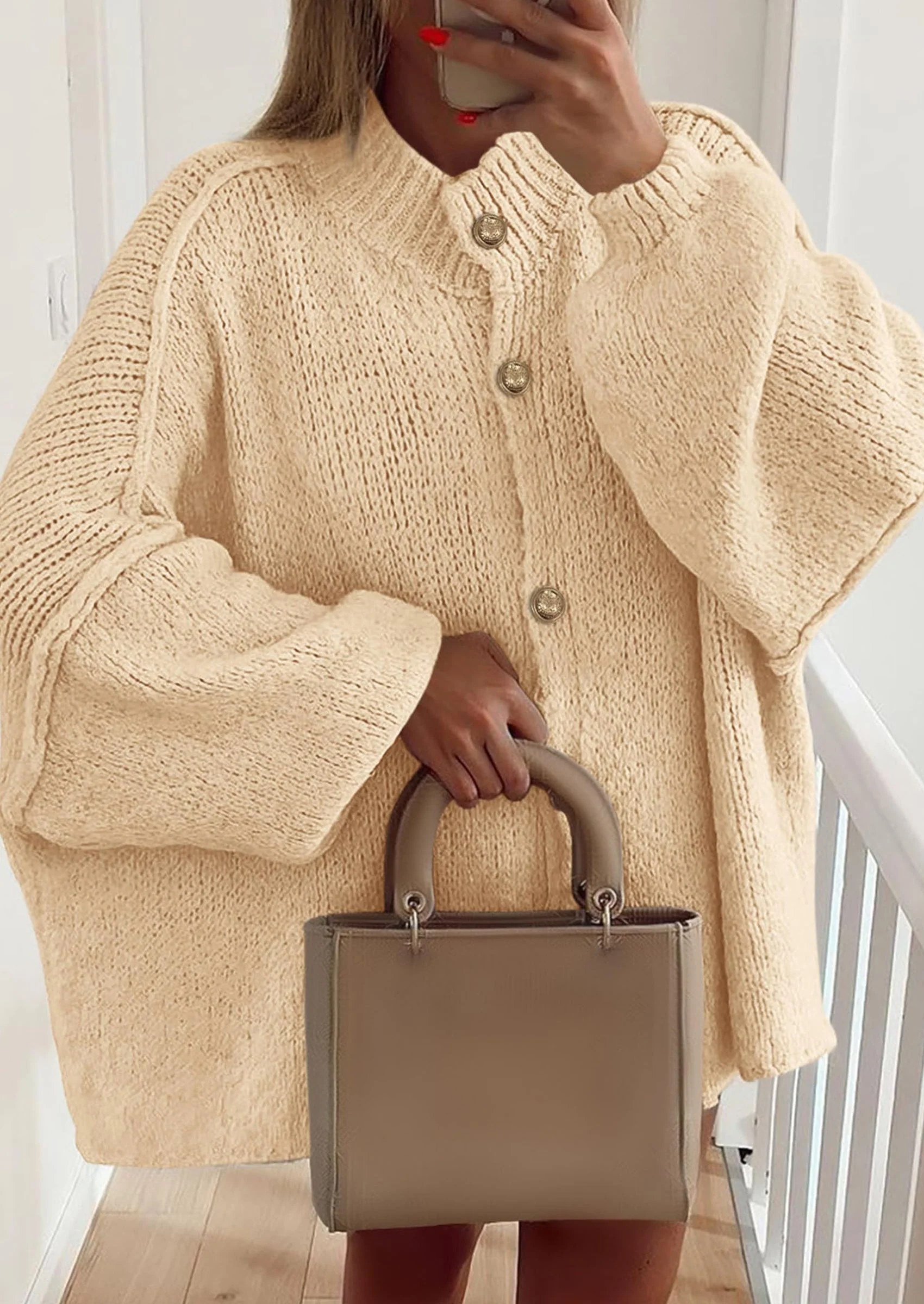 PRETTYGARDEN Women's Winter Button Down Cardigan Sweaters Mock Neck Lantern Long Sleeve Chunky Knit Jacket Trendy Outerwear - Image 24