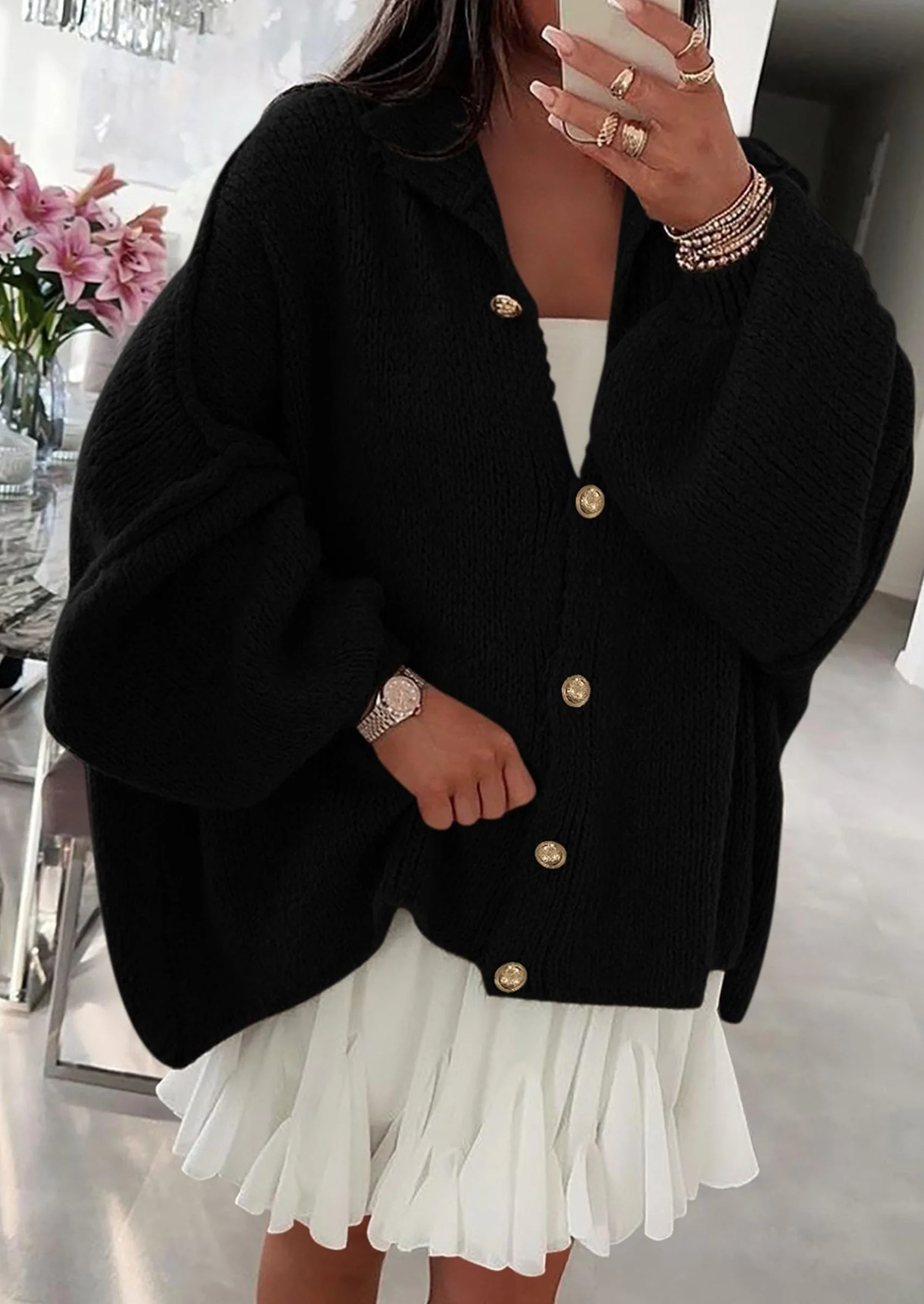 PRETTYGARDEN Women's Winter Button Down Cardigan Sweaters Mock Neck Lantern Long Sleeve Chunky Knit Jacket Trendy Outerwear - Image 27