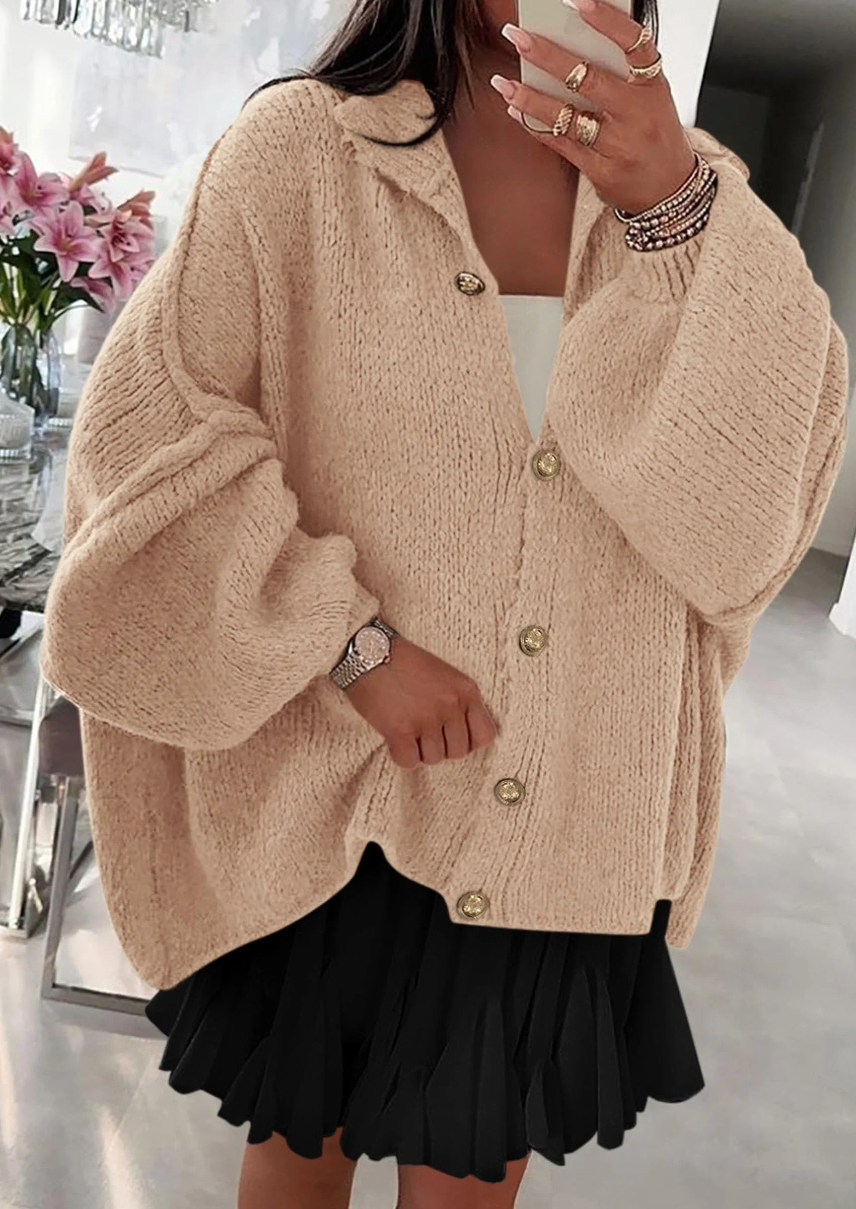 PRETTYGARDEN Women's Winter Button Down Cardigan Sweaters Mock Neck Lantern Long Sleeve Chunky Knit Jacket Trendy Outerwear - Image 3