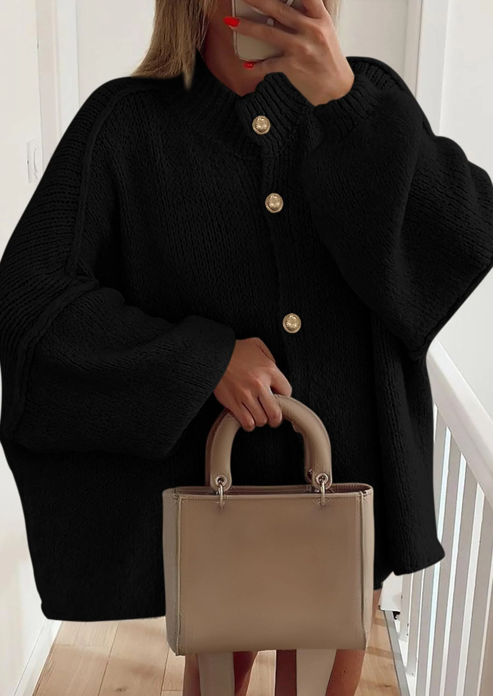 PRETTYGARDEN Women's Winter Button Down Cardigan Sweaters Mock Neck Lantern Long Sleeve Chunky Knit Jacket Trendy Outerwear - Image 32