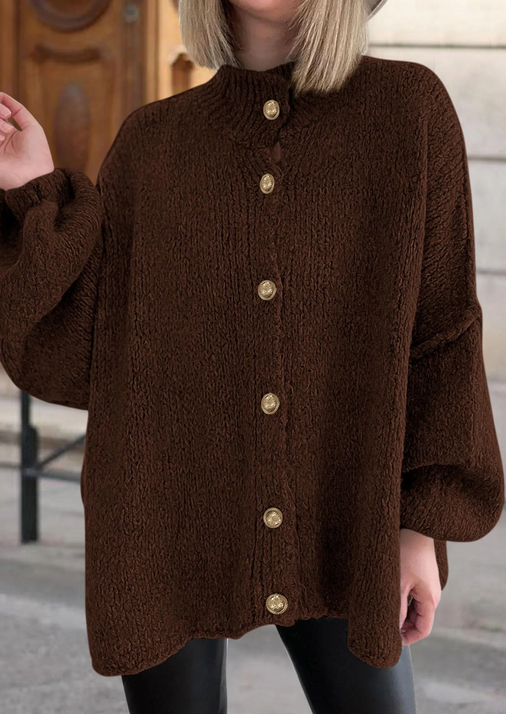 PRETTYGARDEN Women's Winter Button Down Cardigan Sweaters Mock Neck Lantern Long Sleeve Chunky Knit Jacket Trendy Outerwear - Image 38