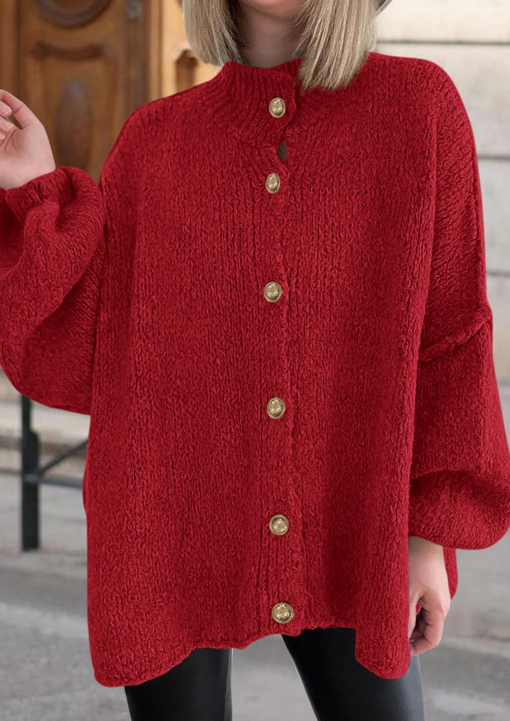 PRETTYGARDEN Women's Winter Button Down Cardigan Sweaters Mock Neck Lantern Long Sleeve Chunky Knit Jacket Trendy Outerwear - Image 44