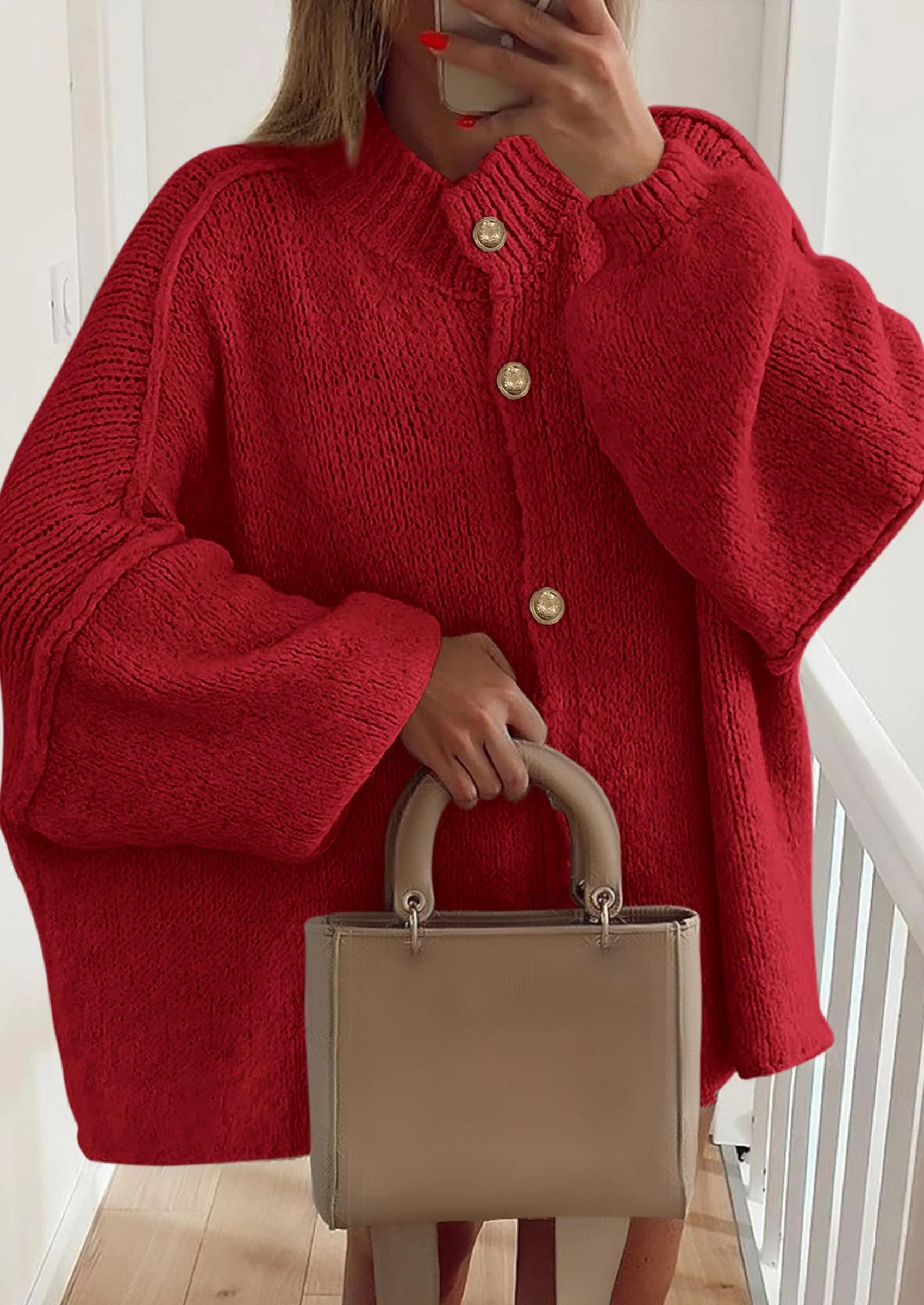 PRETTYGARDEN Women's Winter Button Down Cardigan Sweaters Mock Neck Lantern Long Sleeve Chunky Knit Jacket Trendy Outerwear - Image 45