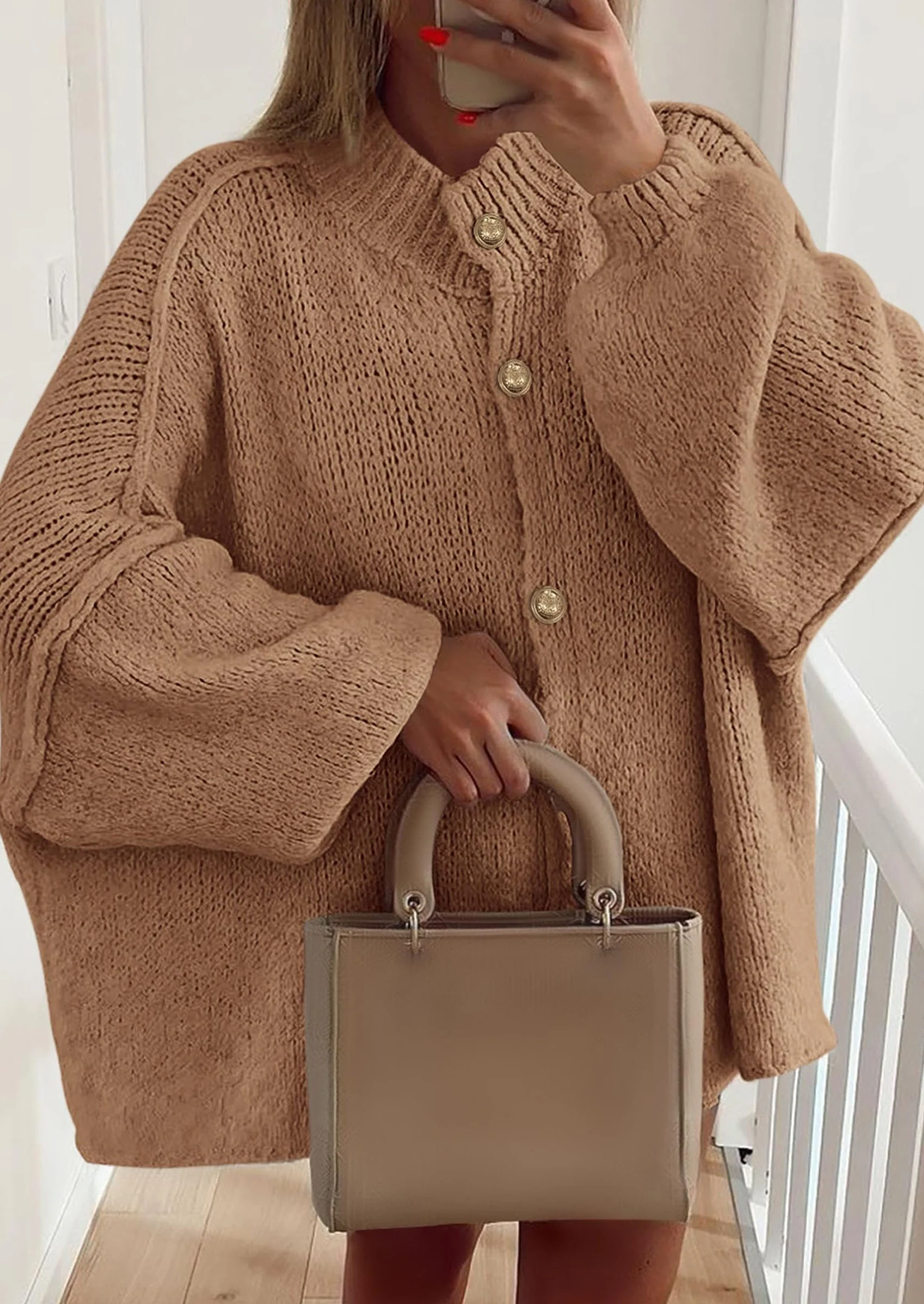 PRETTYGARDEN Women's Winter Button Down Cardigan Sweaters Mock Neck Lantern Long Sleeve Chunky Knit Jacket Trendy Outerwear - Image 47