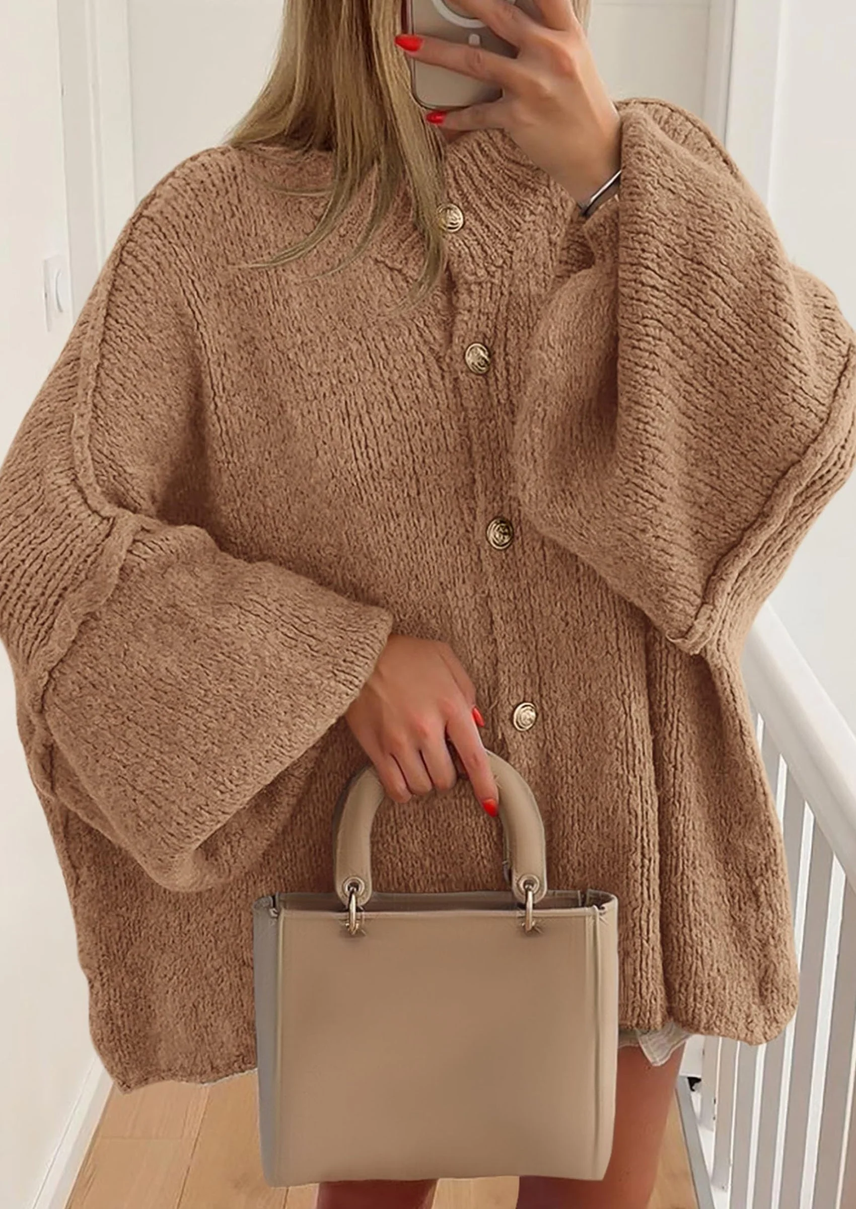 PRETTYGARDEN Women's Winter Button Down Cardigan Sweaters Mock Neck Lantern Long Sleeve Chunky Knit Jacket Trendy Outerwear - Image 49