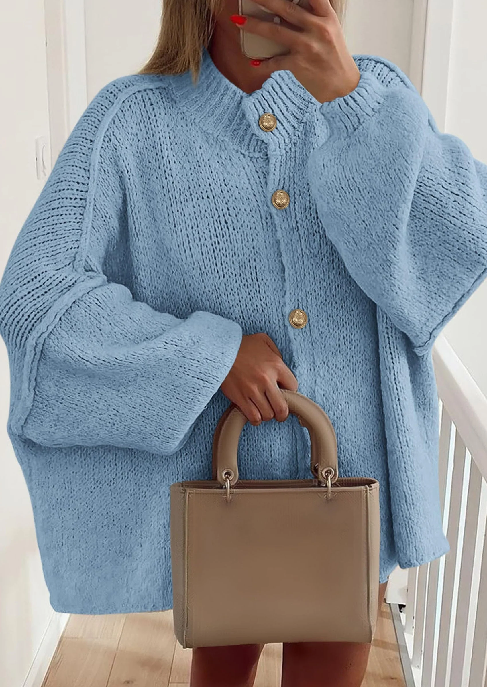 PRETTYGARDEN Women's Winter Button Down Cardigan Sweaters Mock Neck Lantern Long Sleeve Chunky Knit Jacket Trendy Outerwear - Image 52